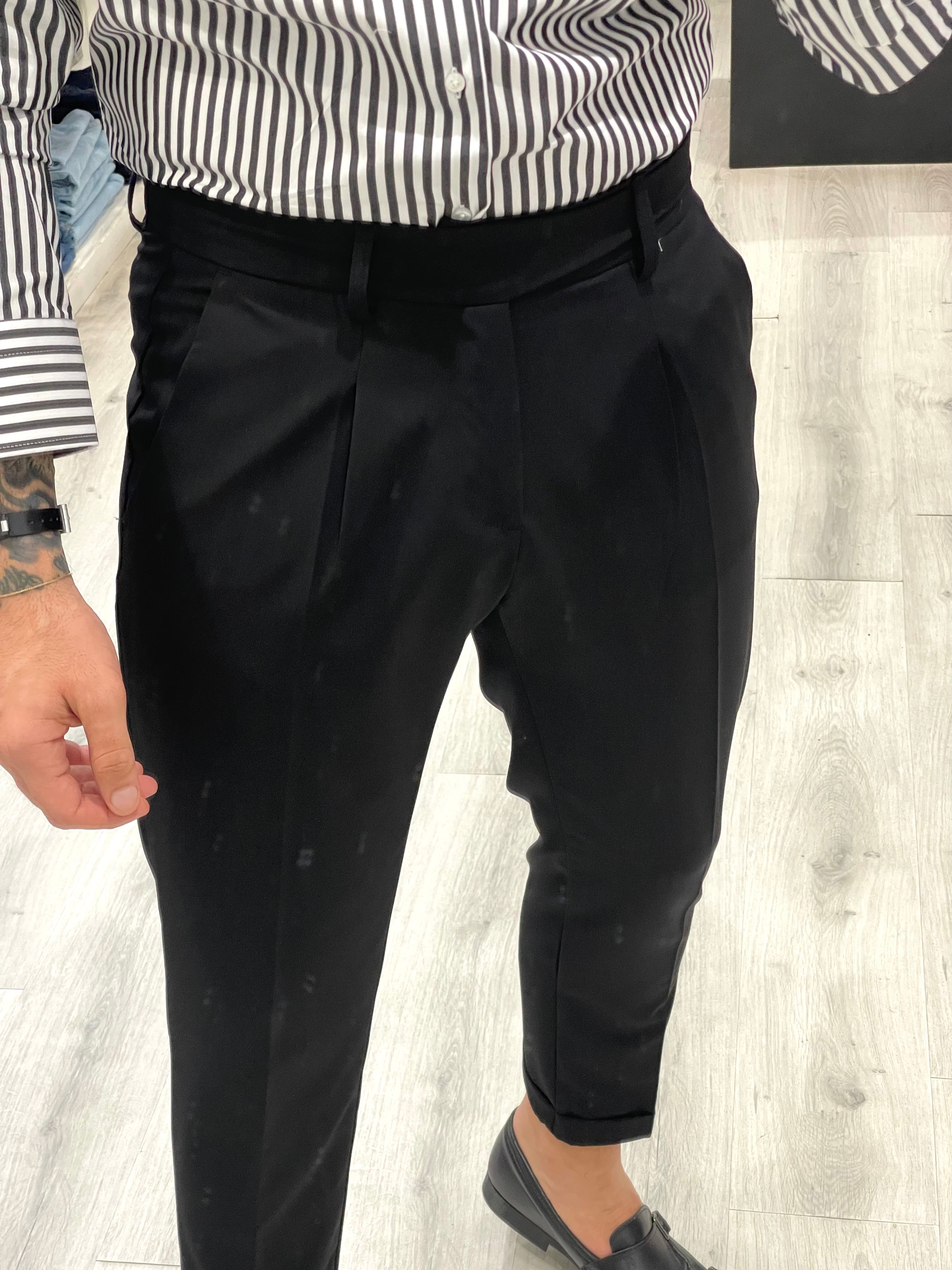 Pantalone sartoriale PARIS con fascione e doppio bottone - NERO