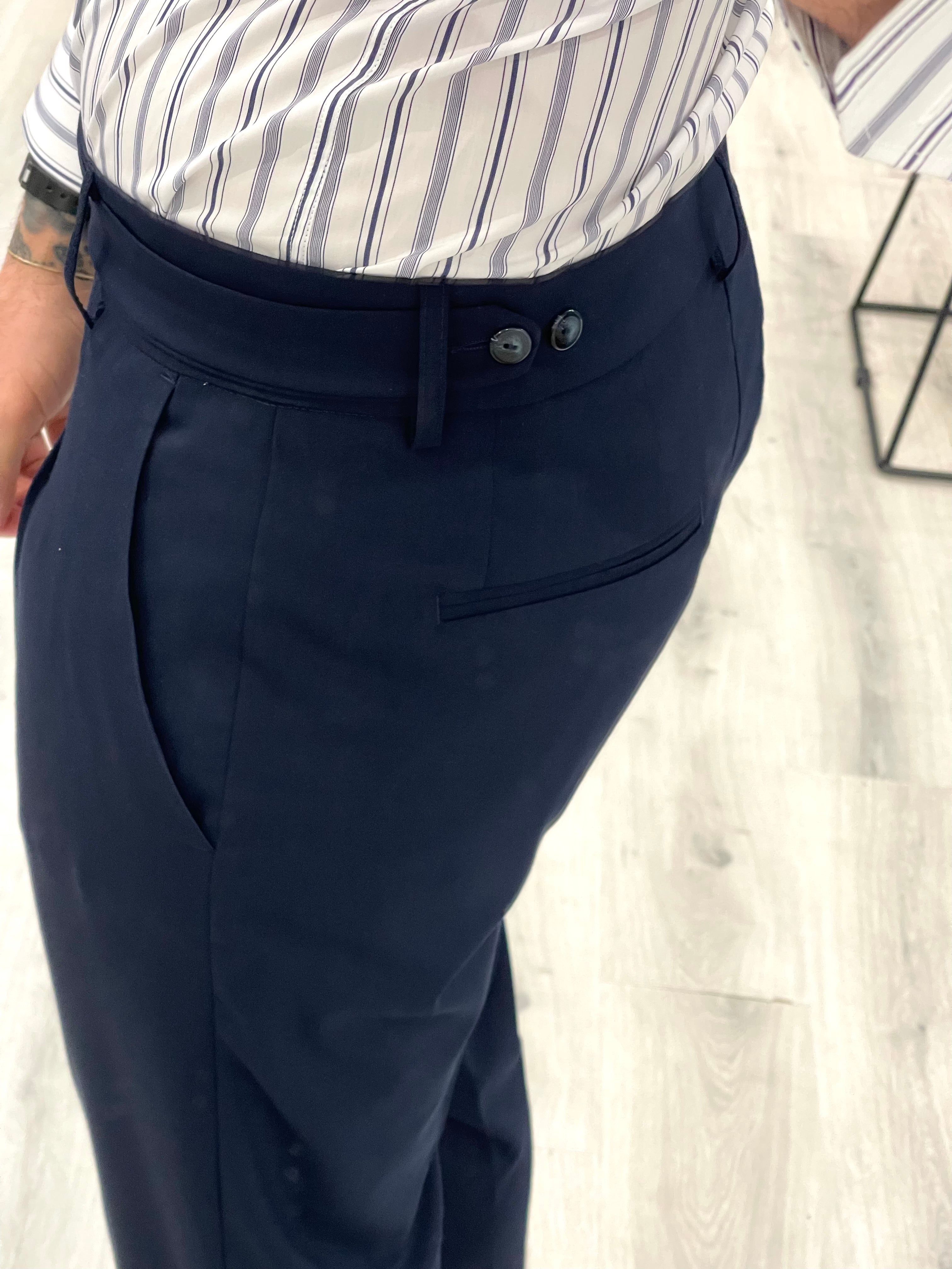 Pantalone sartoriale PARIS con fascione laterale e doppio bottone - BLU NOTTE