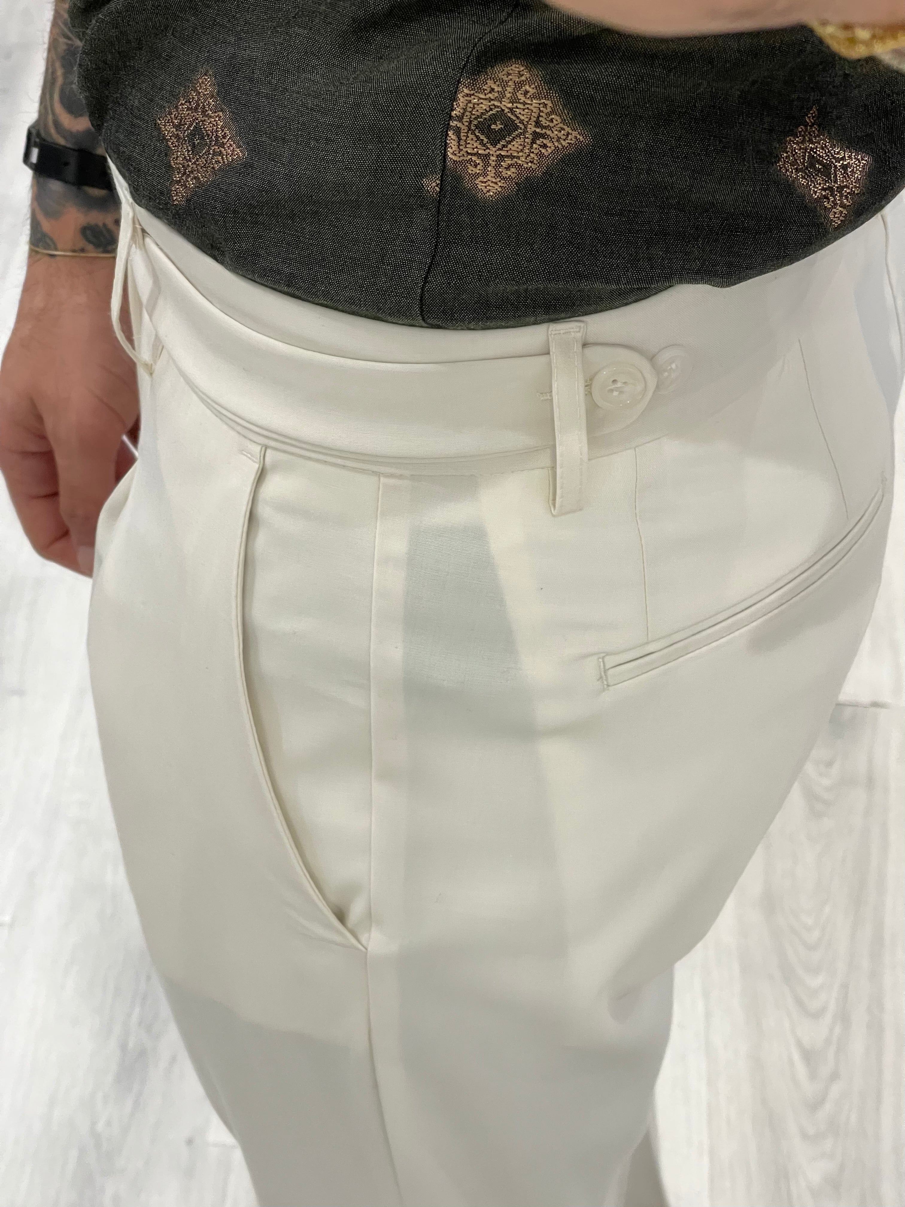 Pantalone sartoriale PARIS con fascione laterale e doppio bottone - PANNA