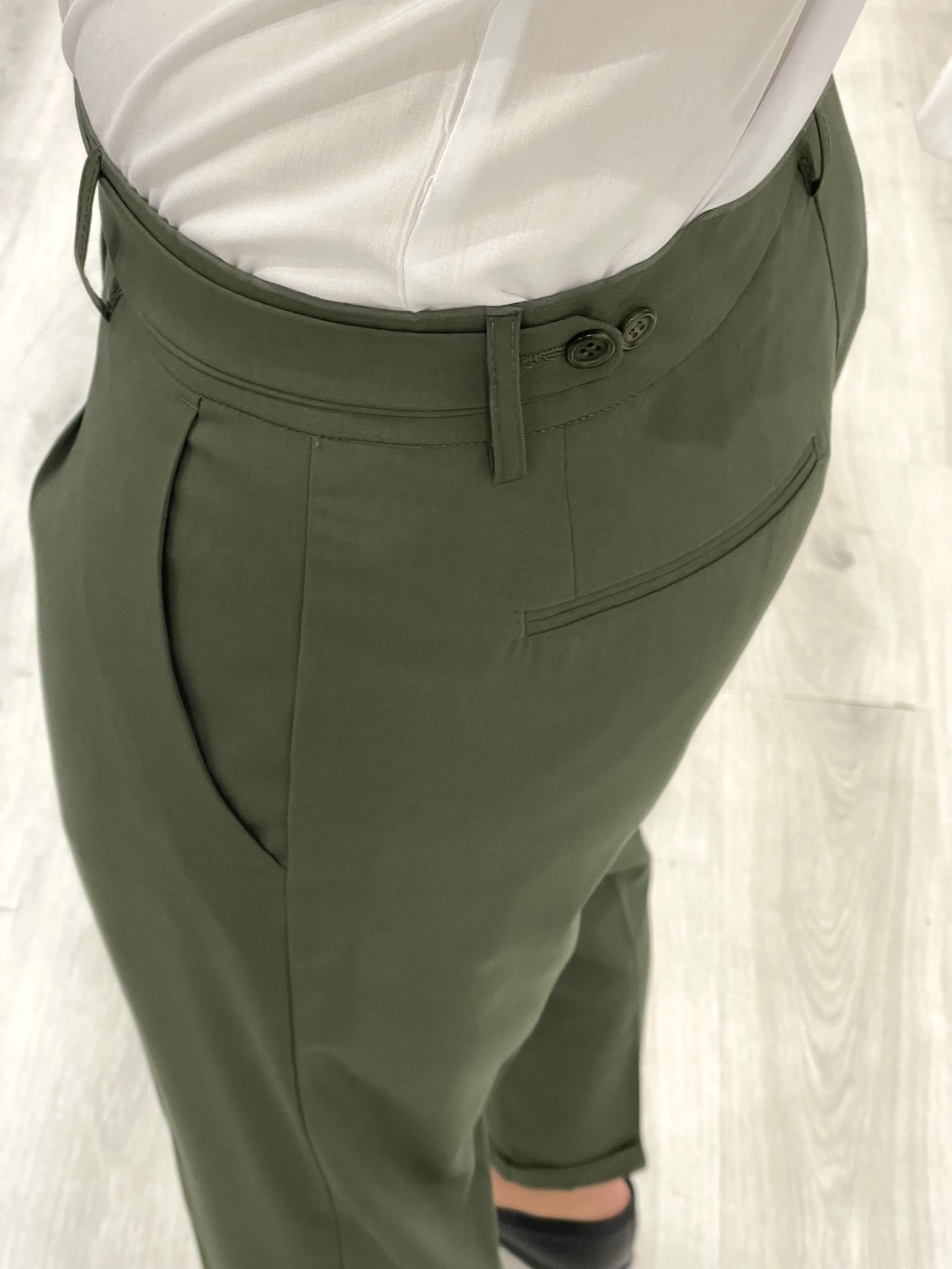Pantalone sartoriale PARIS con fascione laterale e doppio bottone - MILITARE