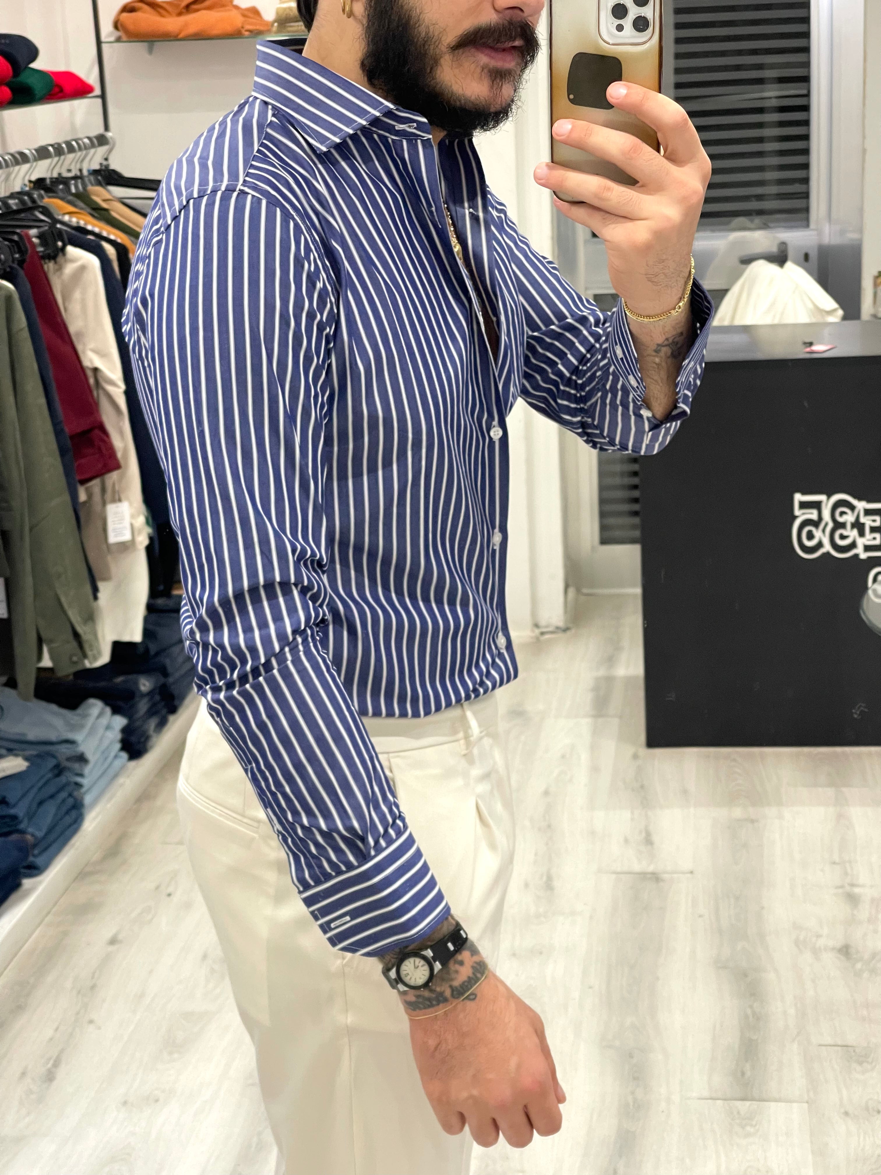 Camicia Sartoriale in 100% cotone italiano- RIGA BLU CAPRI