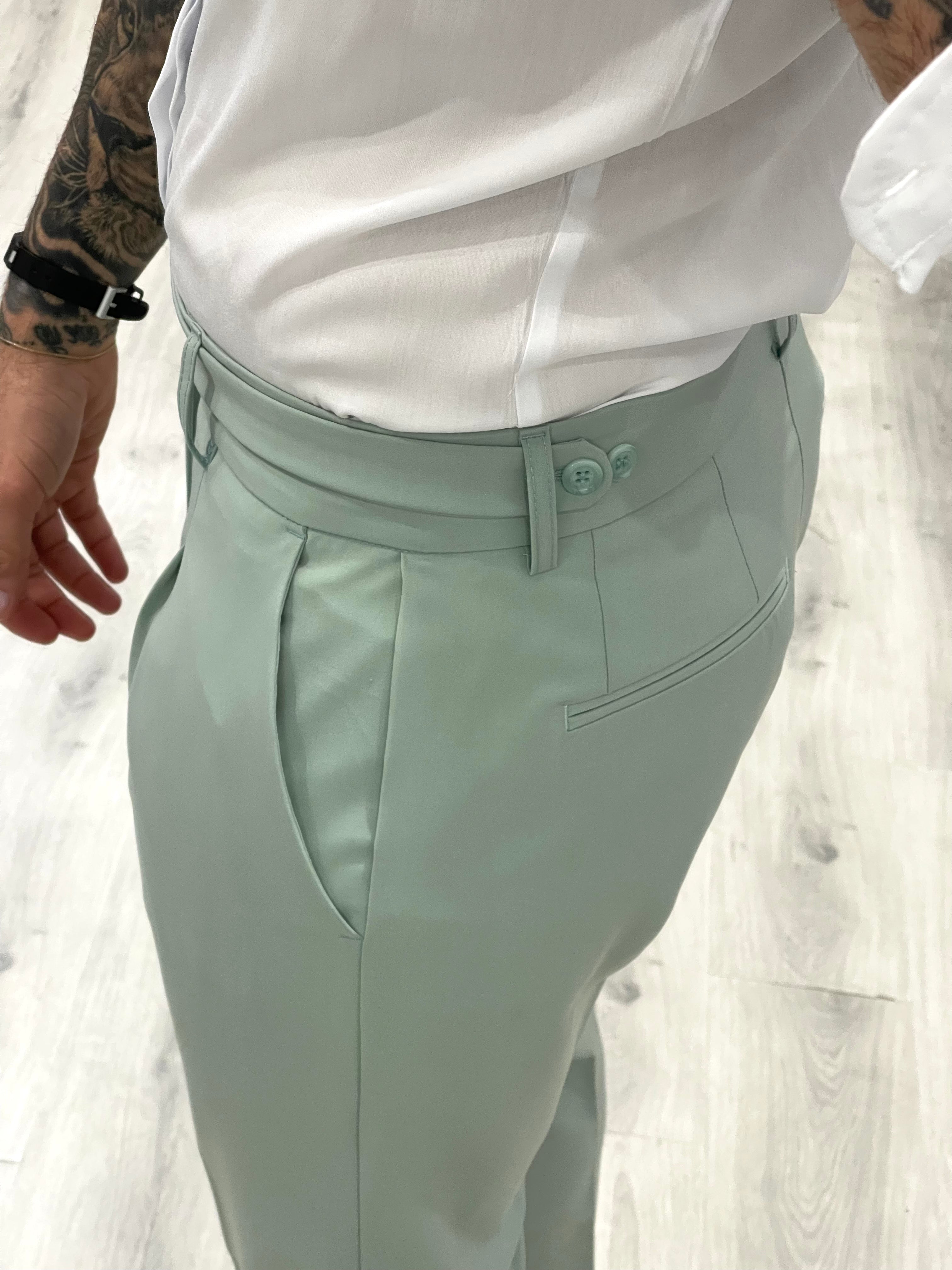 Pantalone sartoriale PARIS con fascione laterale e doppio bottone - SALVIA