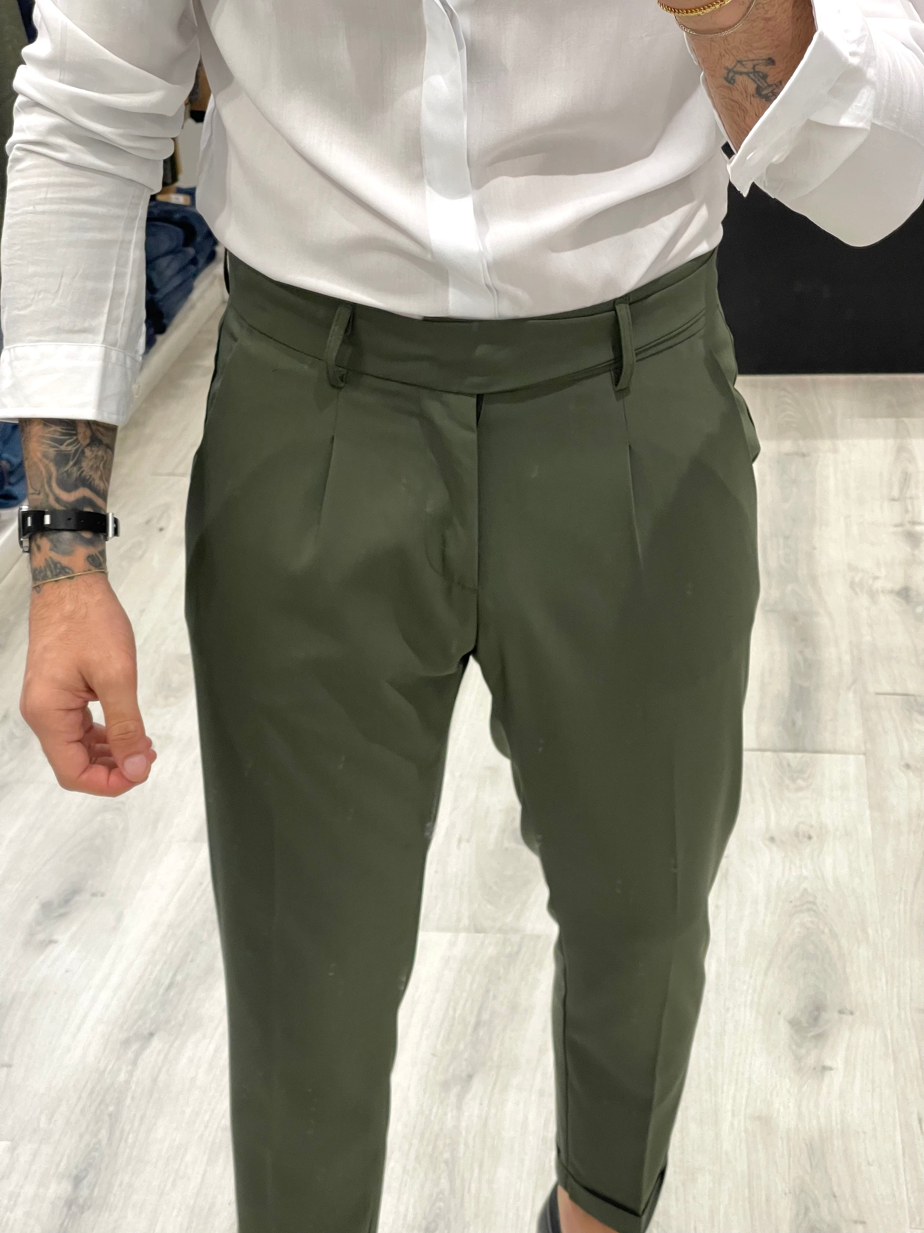 Pantalone sartoriale PARIS con fascione laterale e doppio bottone - MILITARE