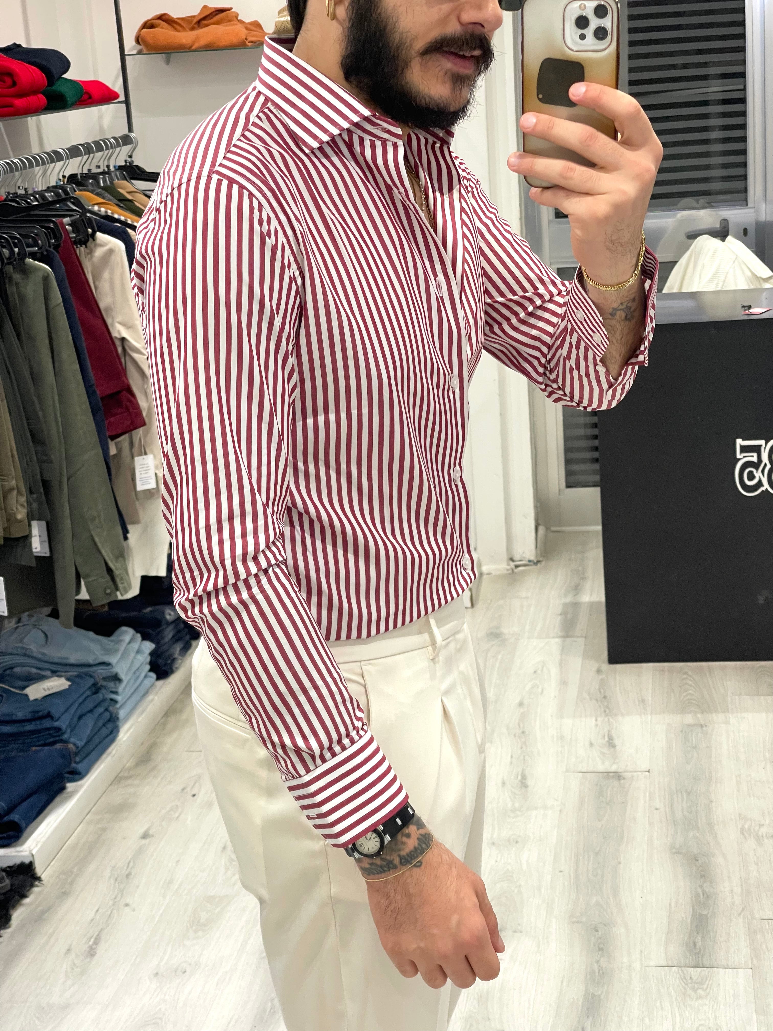 Camicia Sartoriale in 100% cotone italiano- Riga media rossa