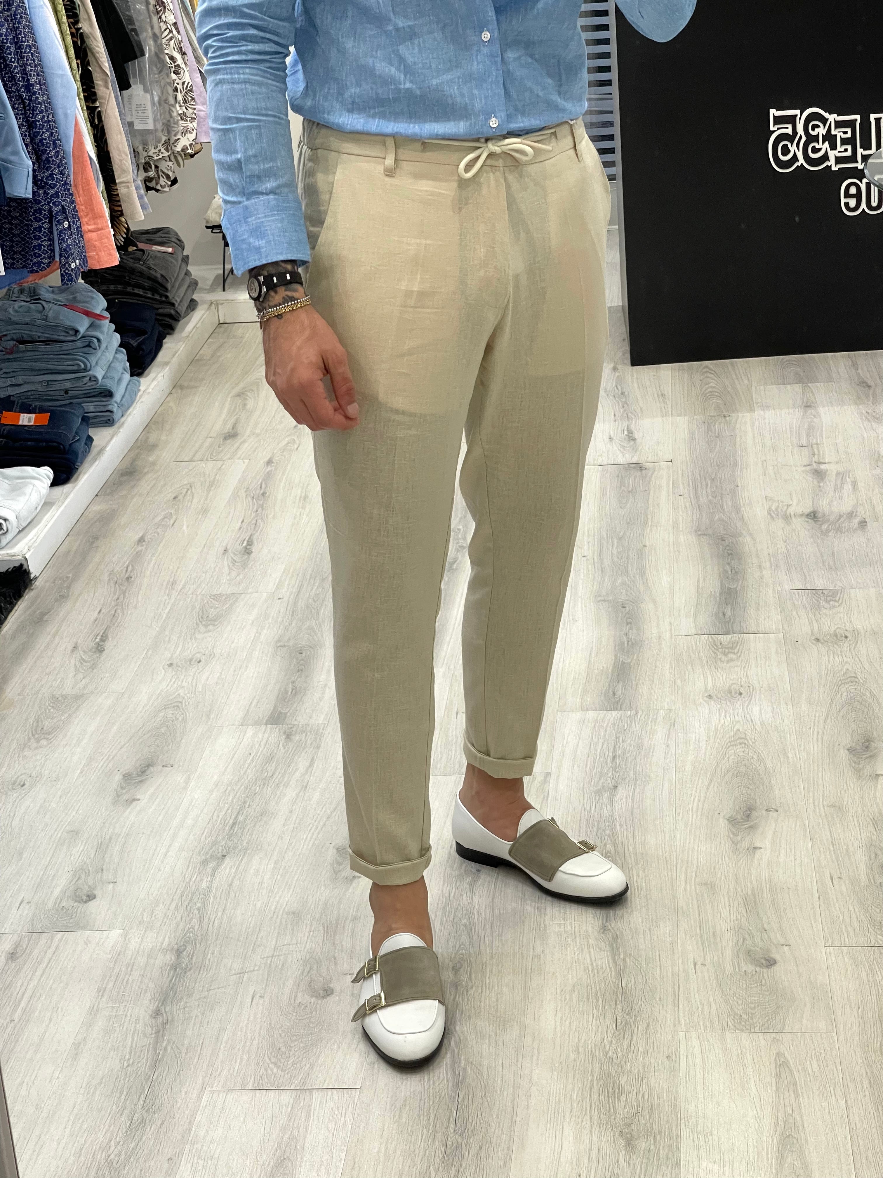 Pantalone 100% Lino con elastico sul retro - BEIGE