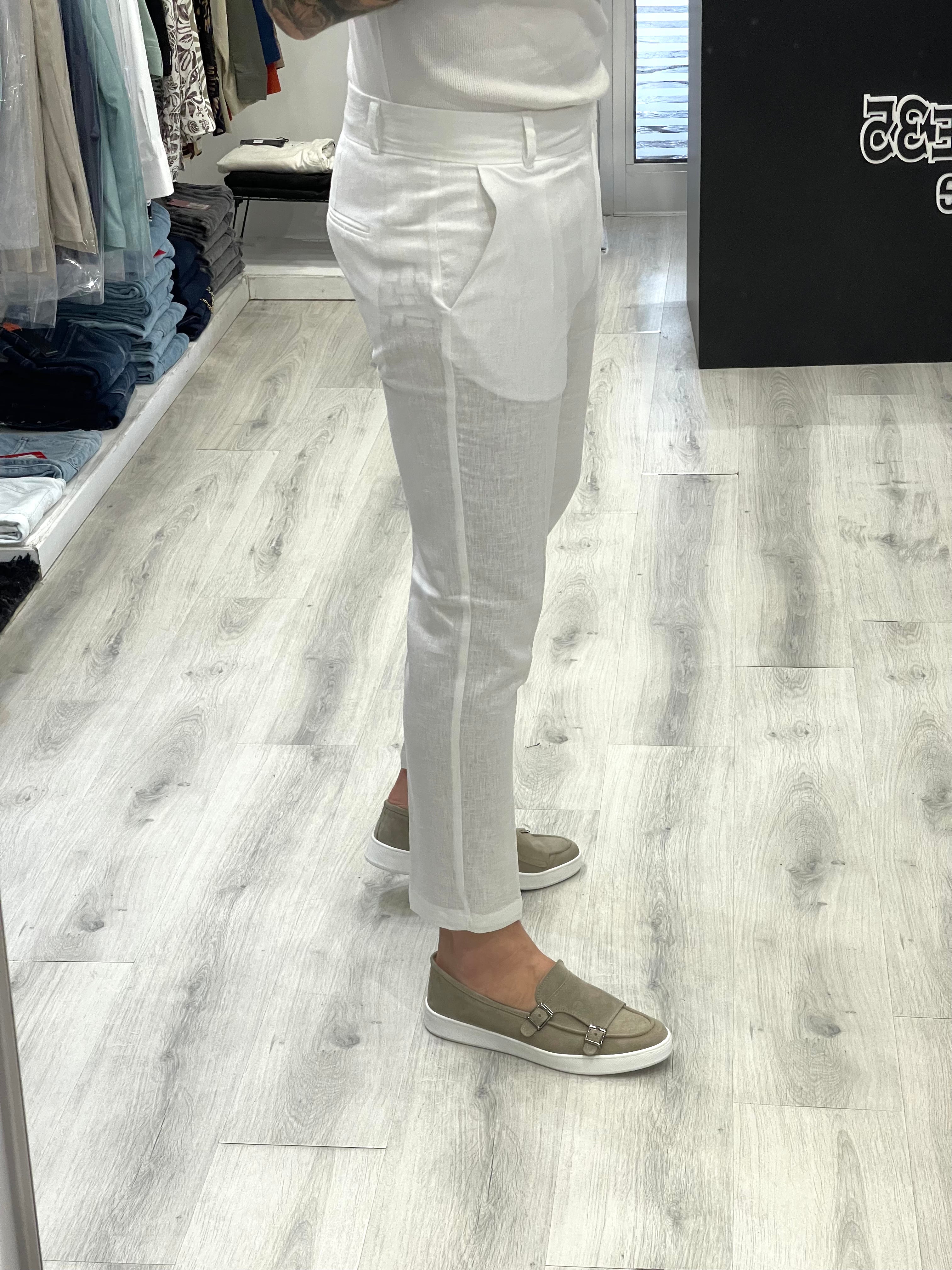 Pantalone in 100% Lino Sartoriale fascia 5 cm - Bianco