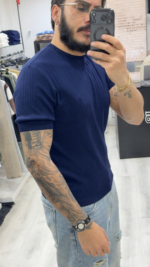 T shirt in filo riga blu