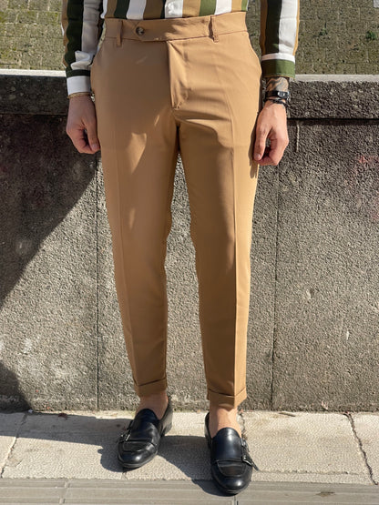 Pantalone sartoriale fascia 5 con risvolto - CAMEL