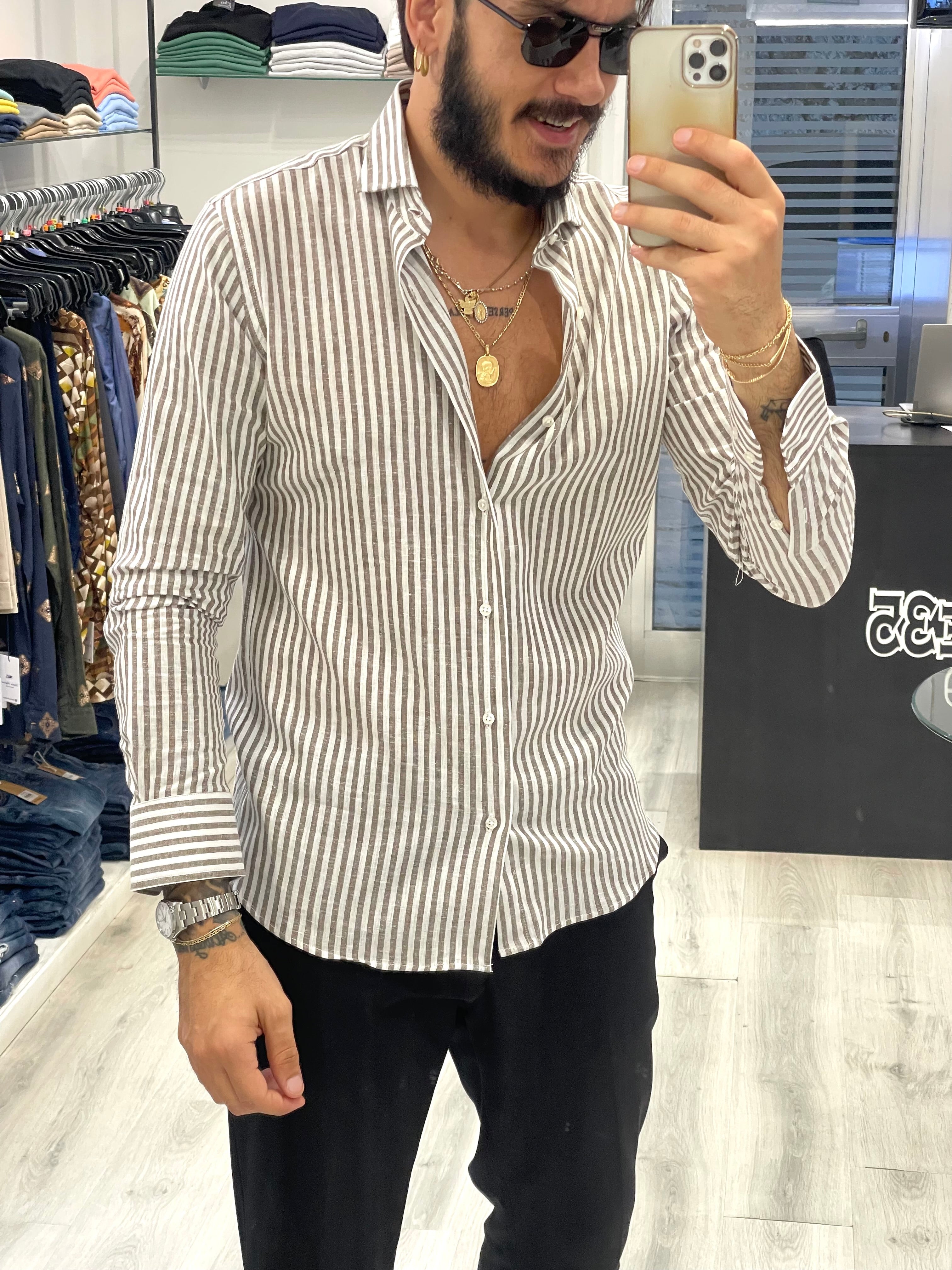 Camicia sartoriale 100% lino rigata  Moro