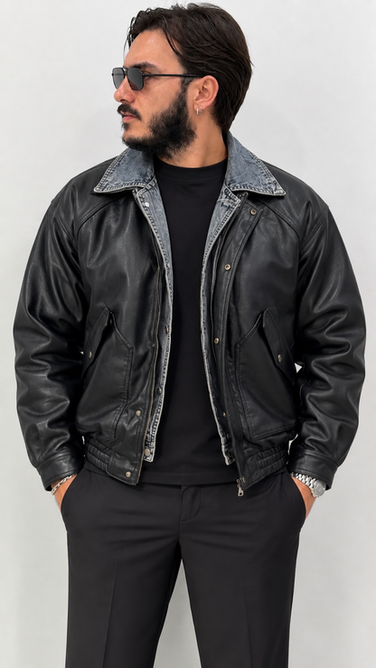 Jacket in ecopelle con collo in jeans