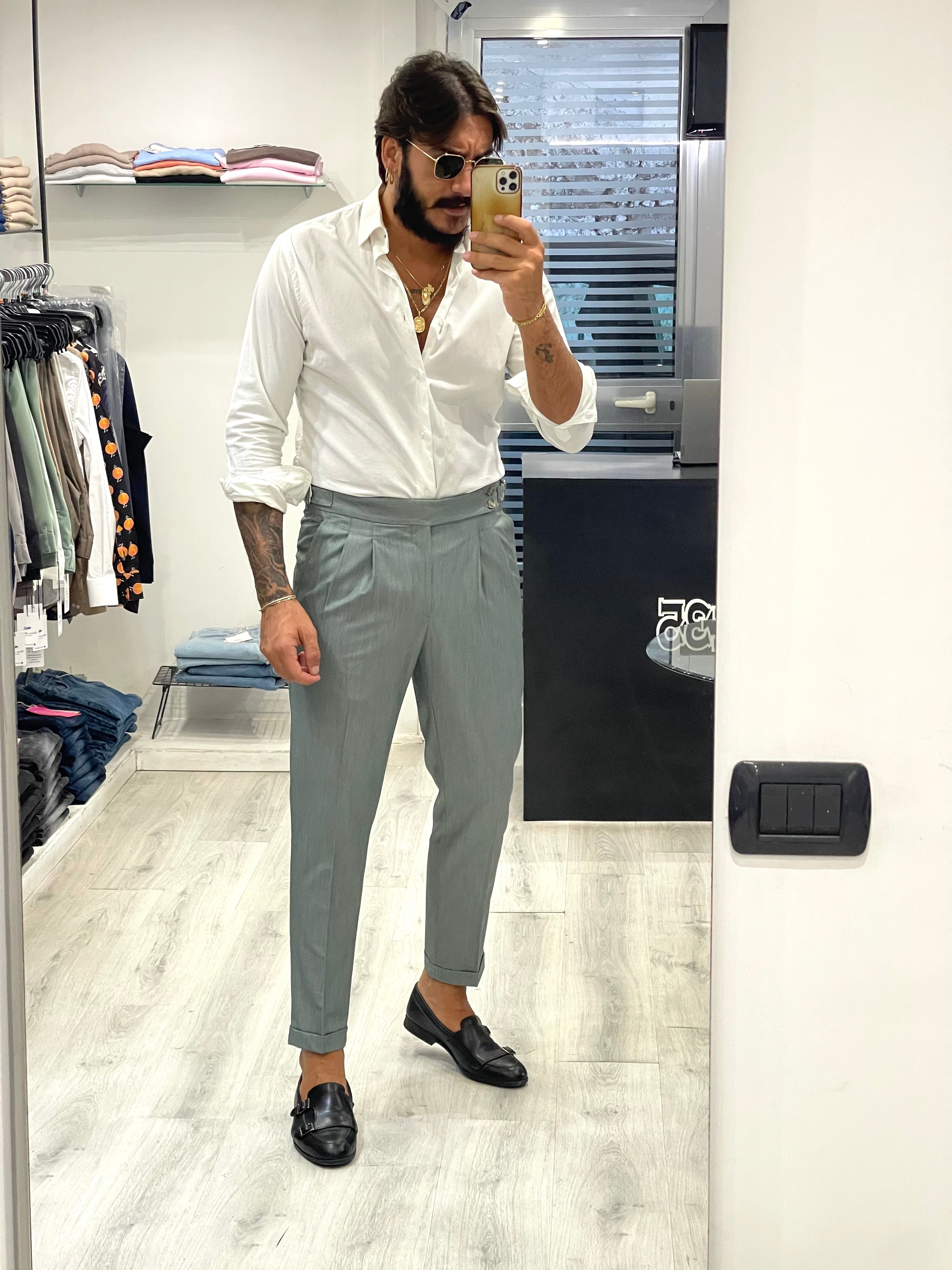 Pantalone SARTORIAL con doppia fibbia e doppio bottone - Verde chiaro