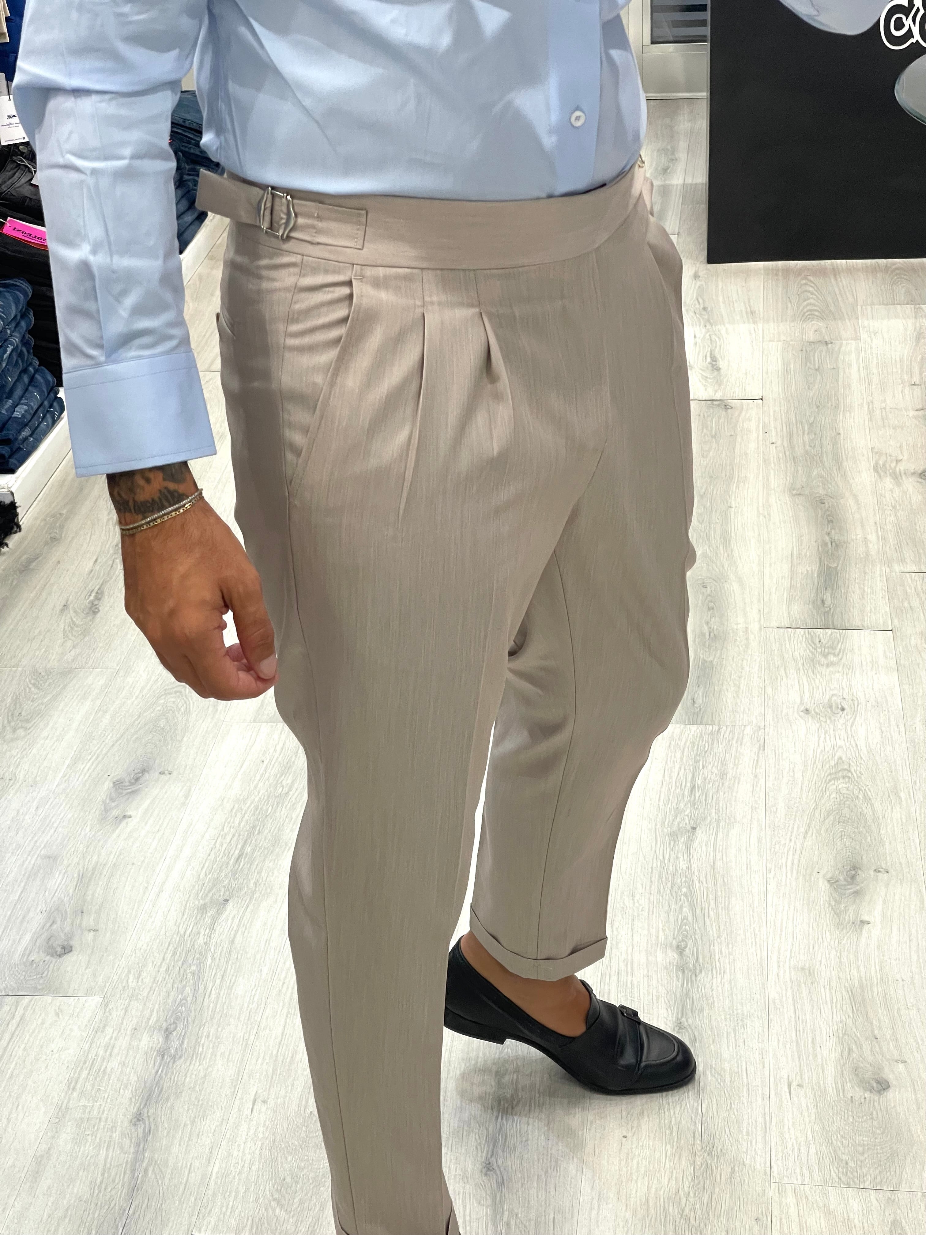 Pantalone SARTORIAL con doppia fibbia e doppio bottone - BEIGE