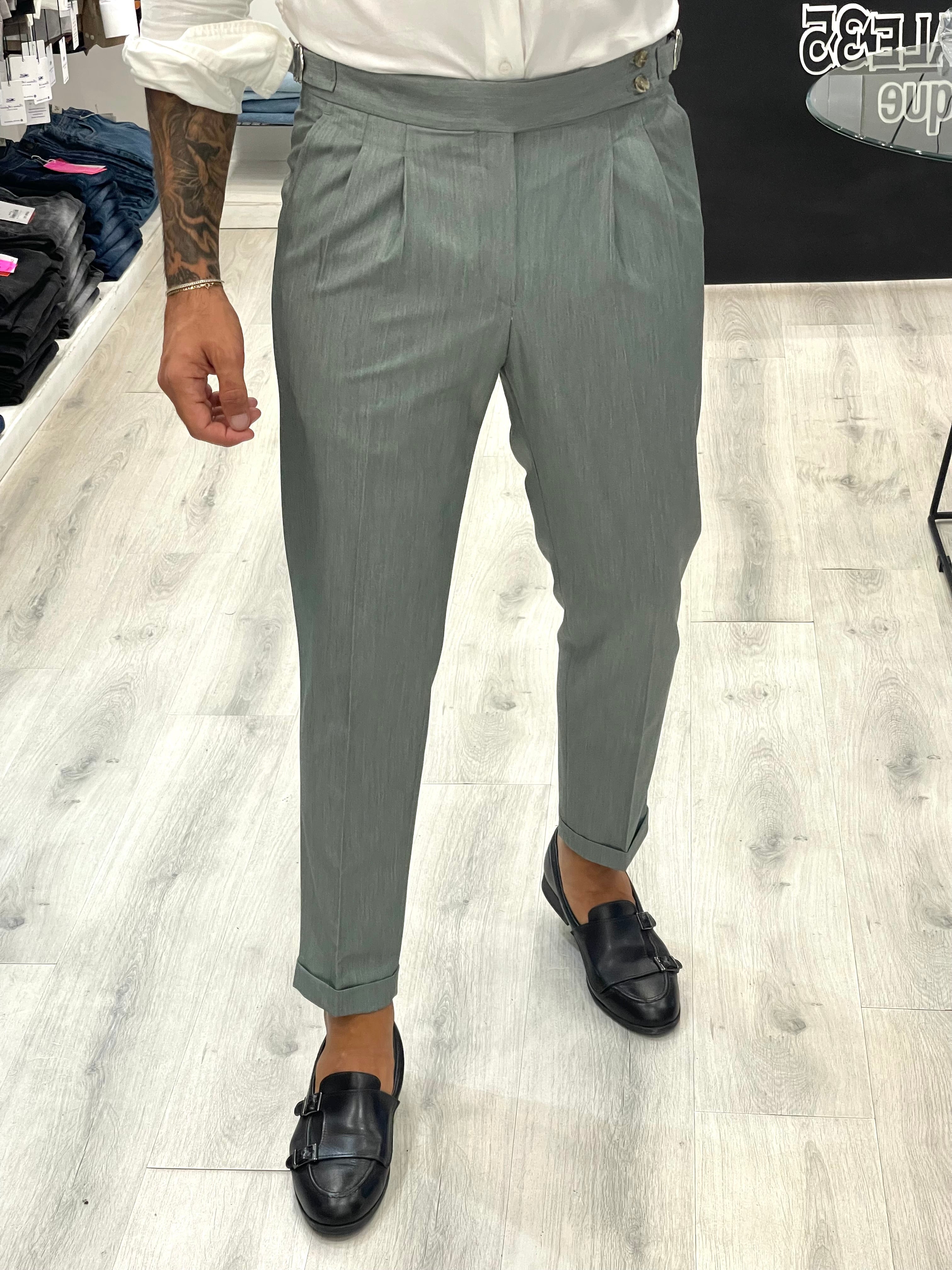 Pantalone SARTORIAL con doppia fibbia e doppio bottone - Verde chiaro