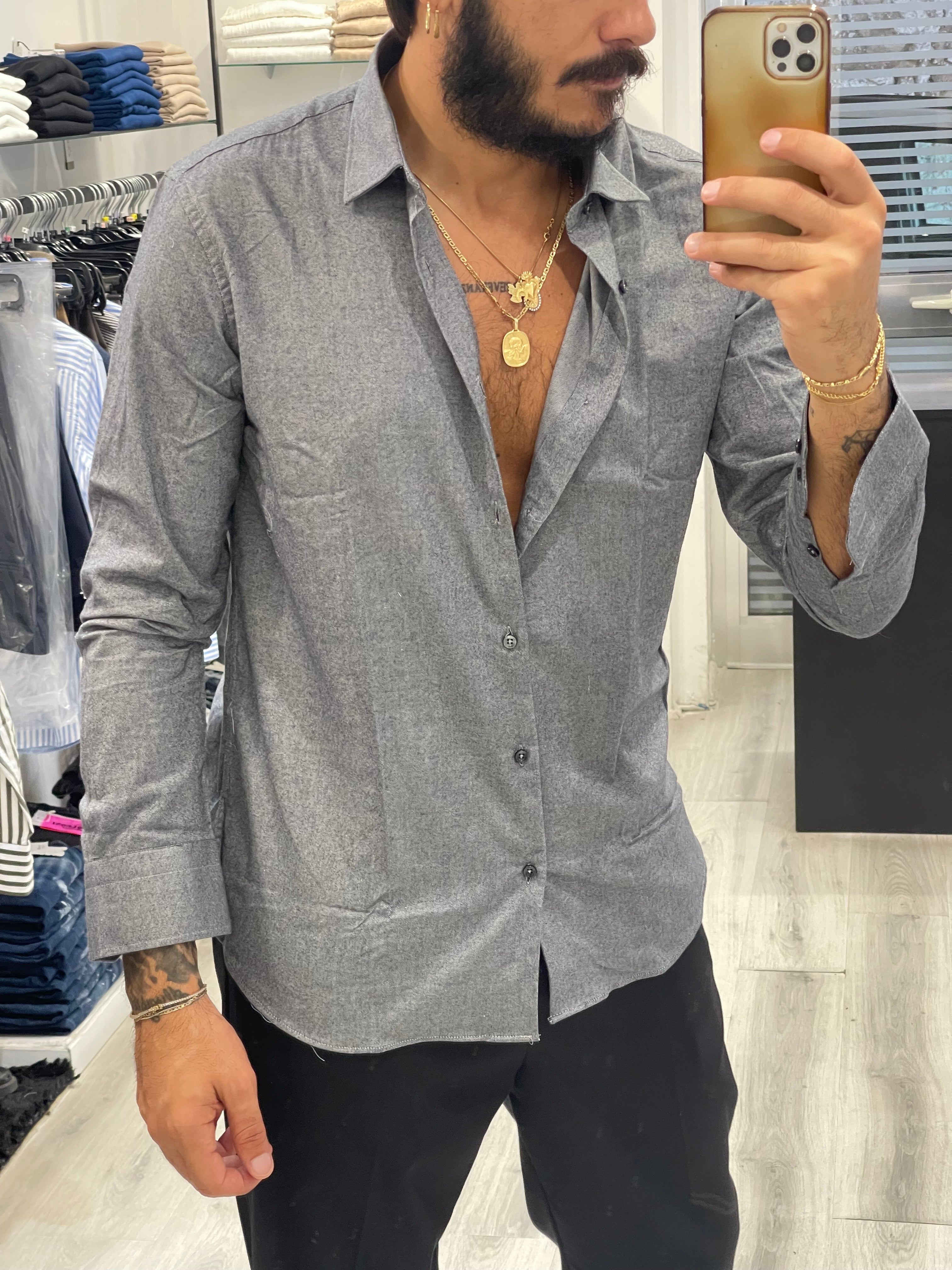 Camicia Sartoriale BOSTON in tessuto doppio - Grigio