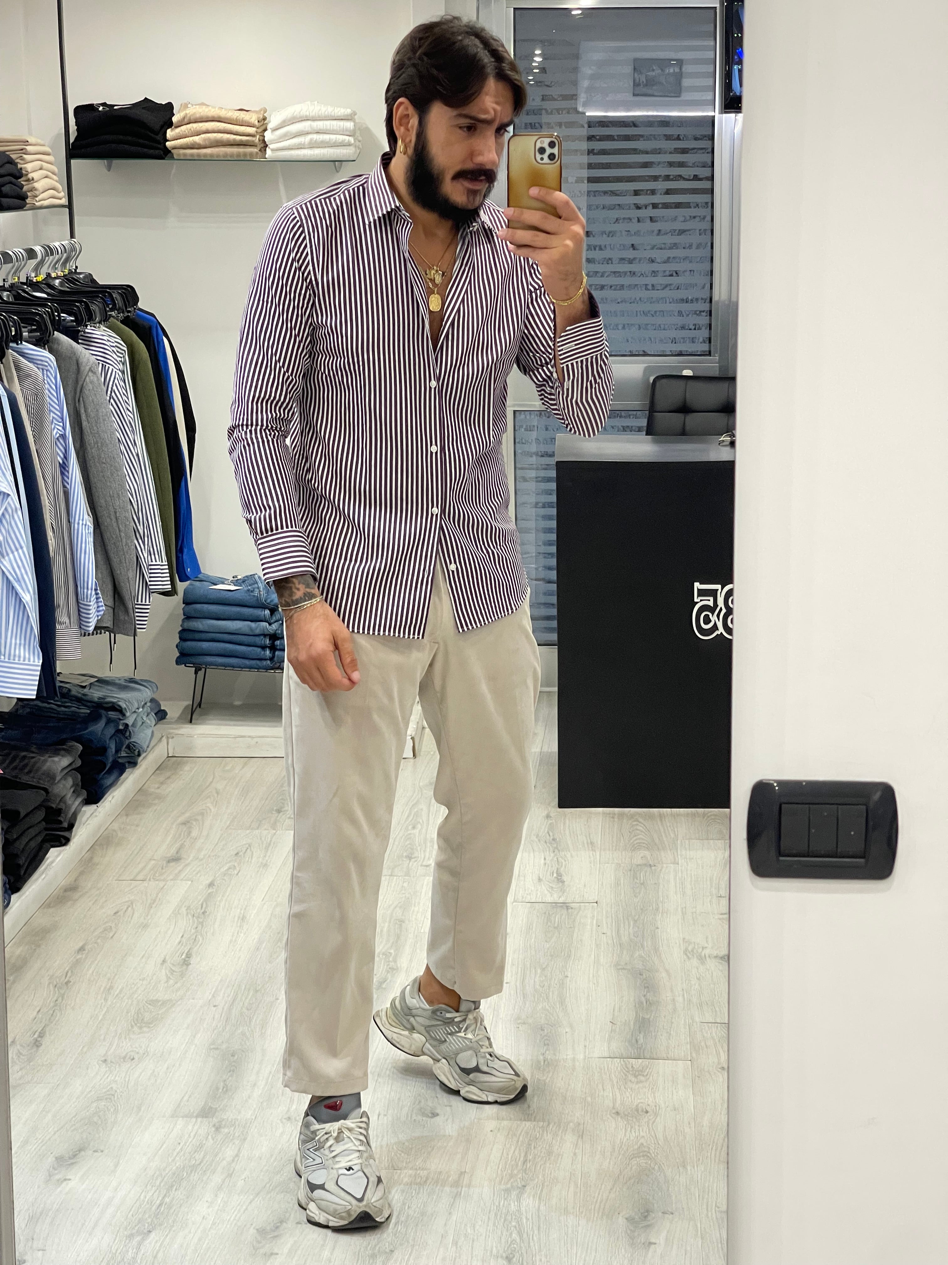 Camicia Sartoriale rigata 100% Cotone - Prugna