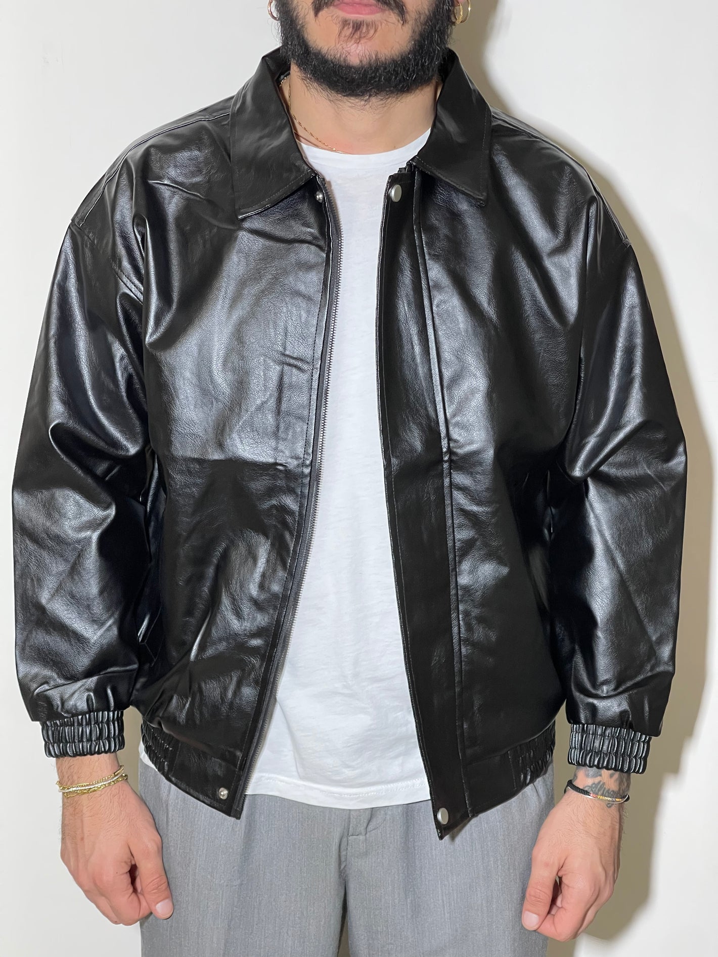 Jacket in pelle anni 80 con collo e cerniera a scomparsa