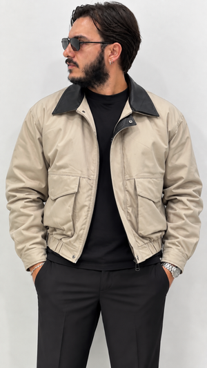Bomberino con collo in ecopelle a contrasto -BEIGE