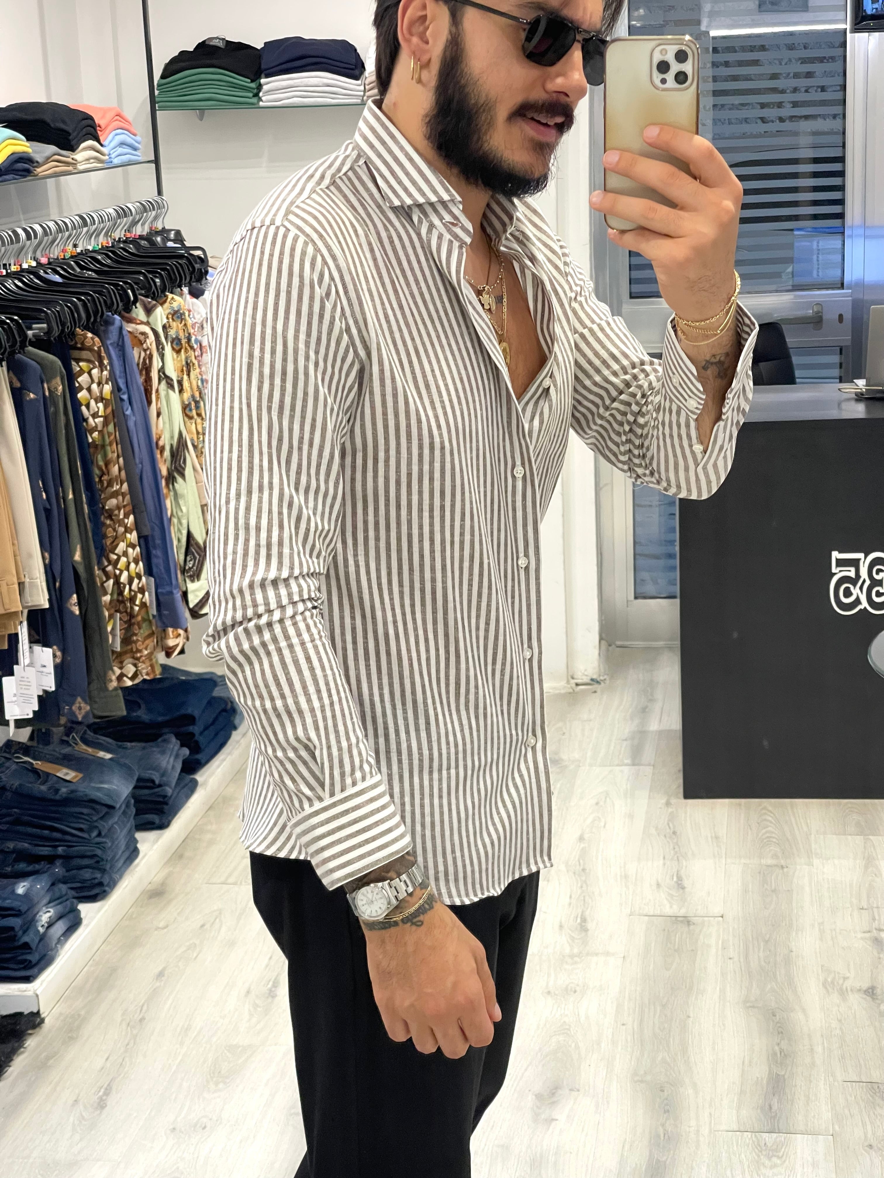 Camicia sartoriale 100% lino rigata  Moro