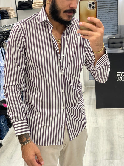 Camicia Sartoriale rigata 100% Cotone - Riga media porpora