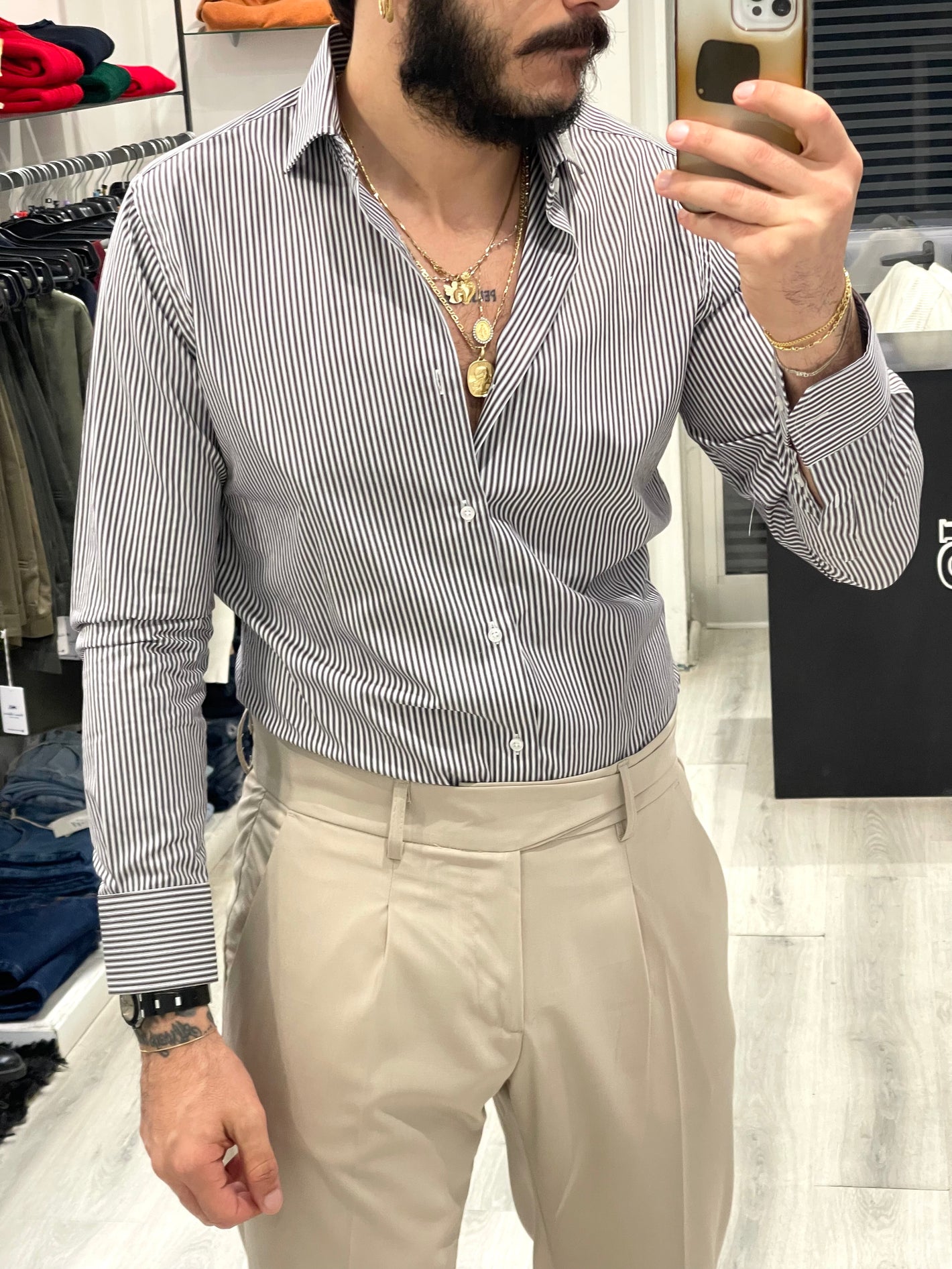 Camicia Sartoriale in 100% cotone italiano- Riga stretta Moro