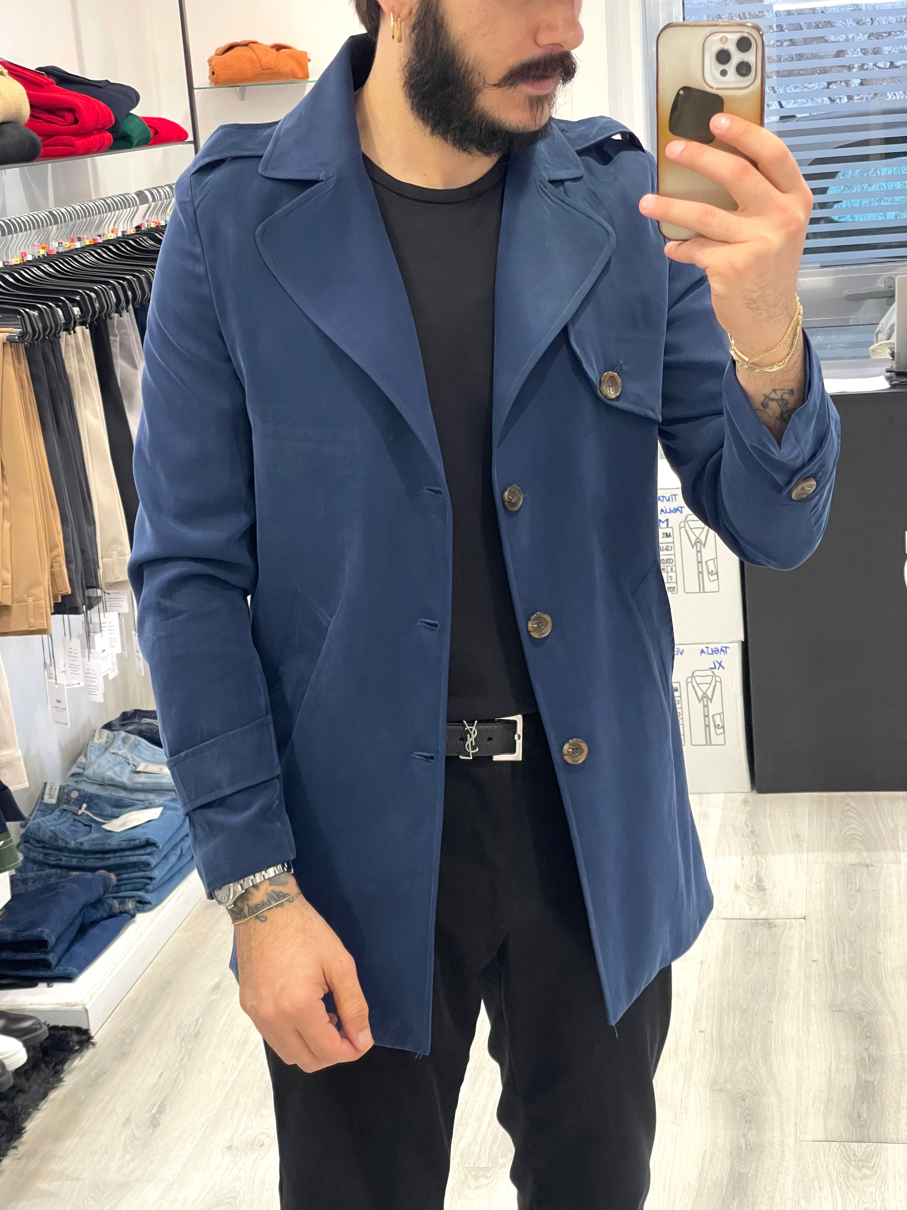 Trench bavero a lancia in cotone gabardine italiano - Blu notte