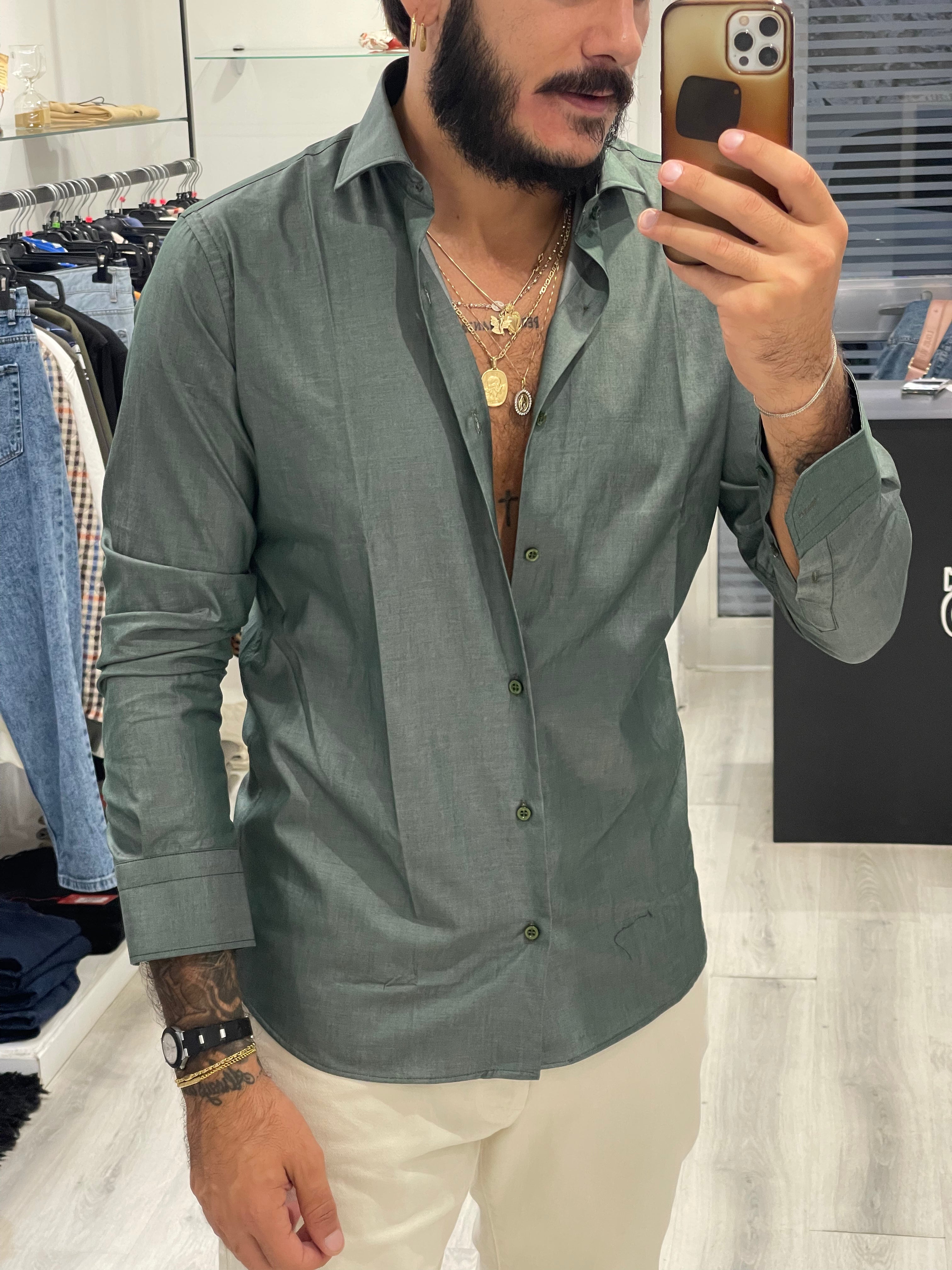 Camicia 100% cotone - effetto jeans VERDE BOSCO