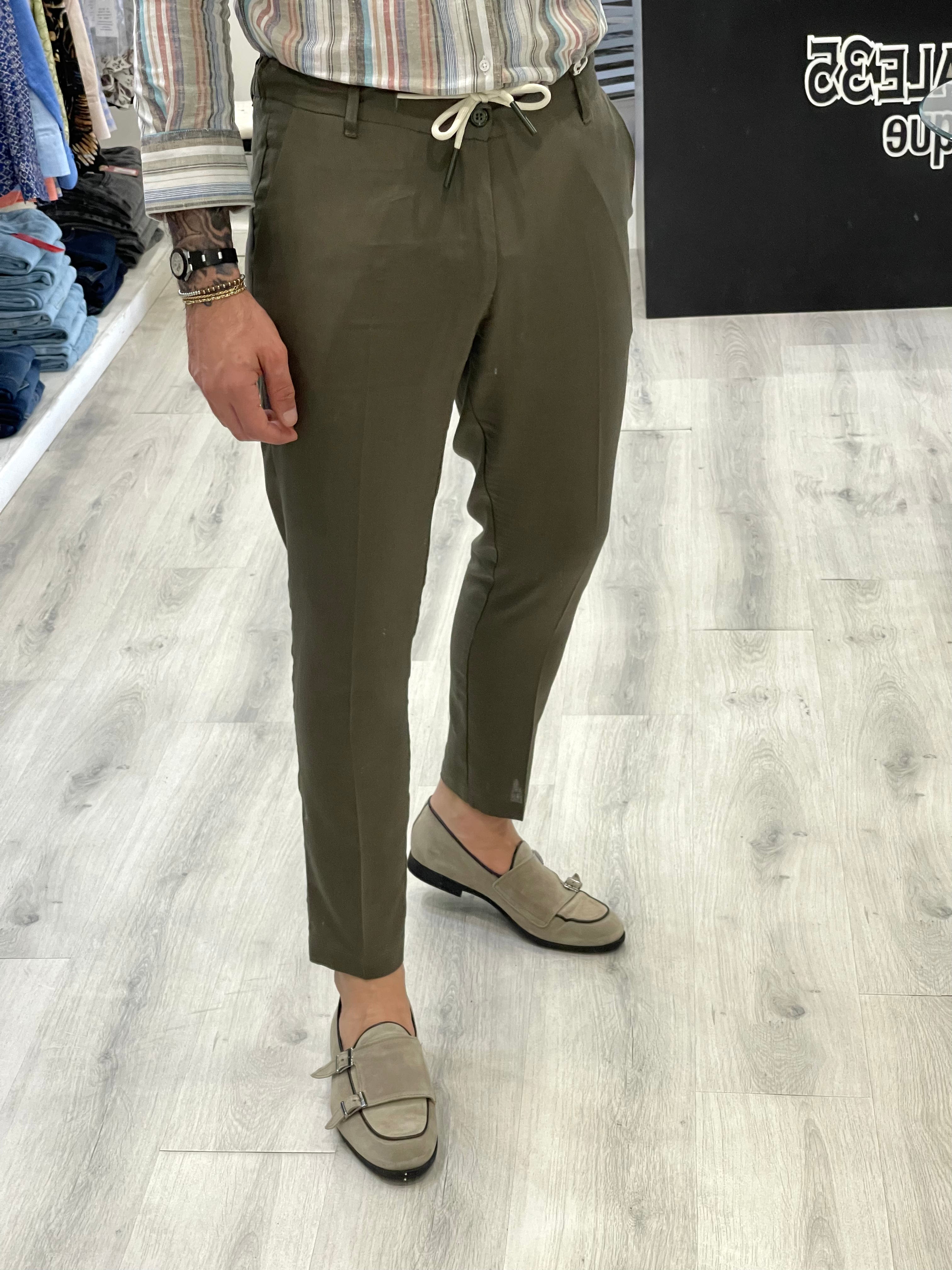 Pantalone 100% Lino con elastico sul retro - VERDE MILITARE