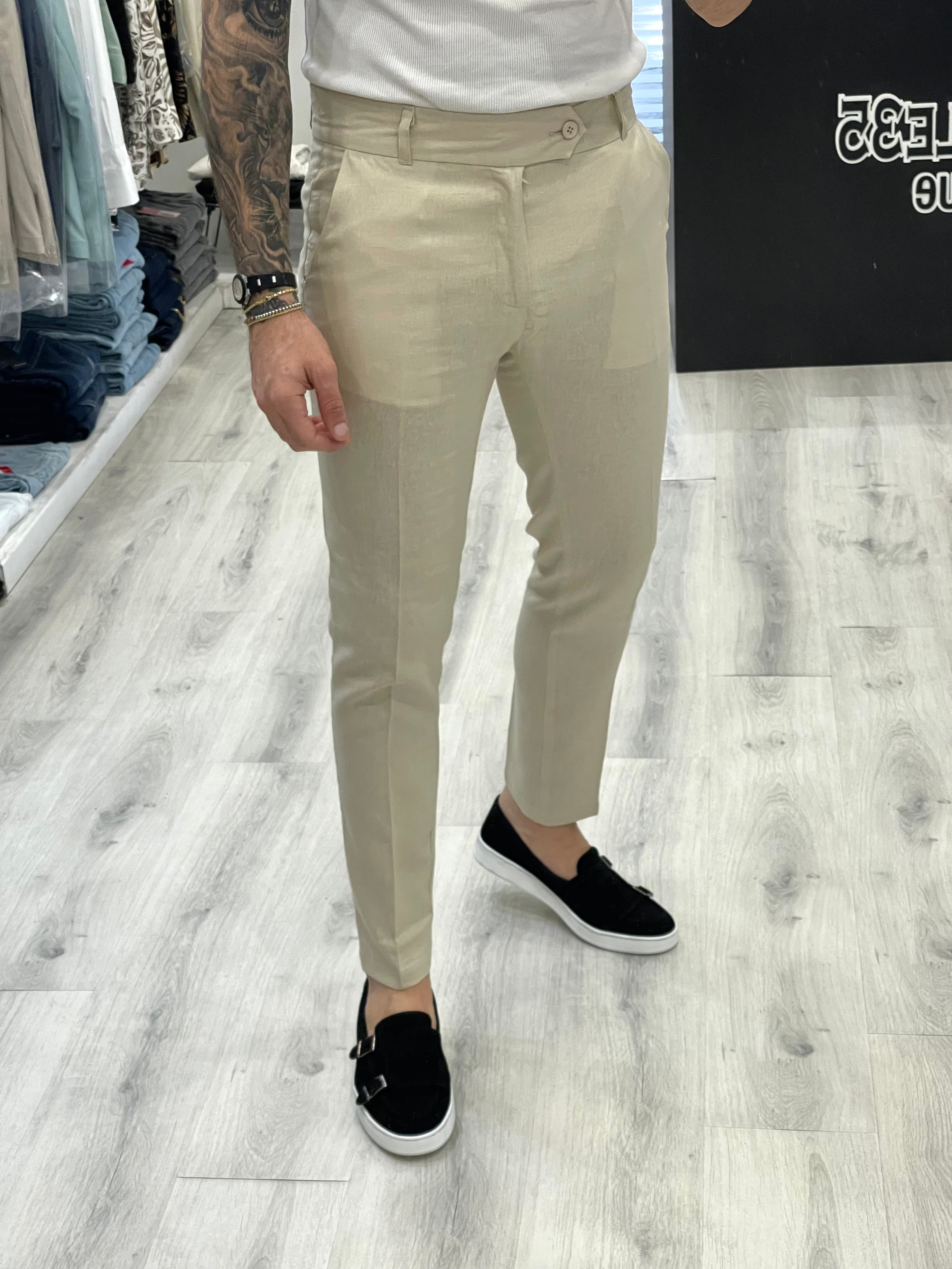 Pantalone fascia 5 cm in 100% Lino Sartoriale- Beige