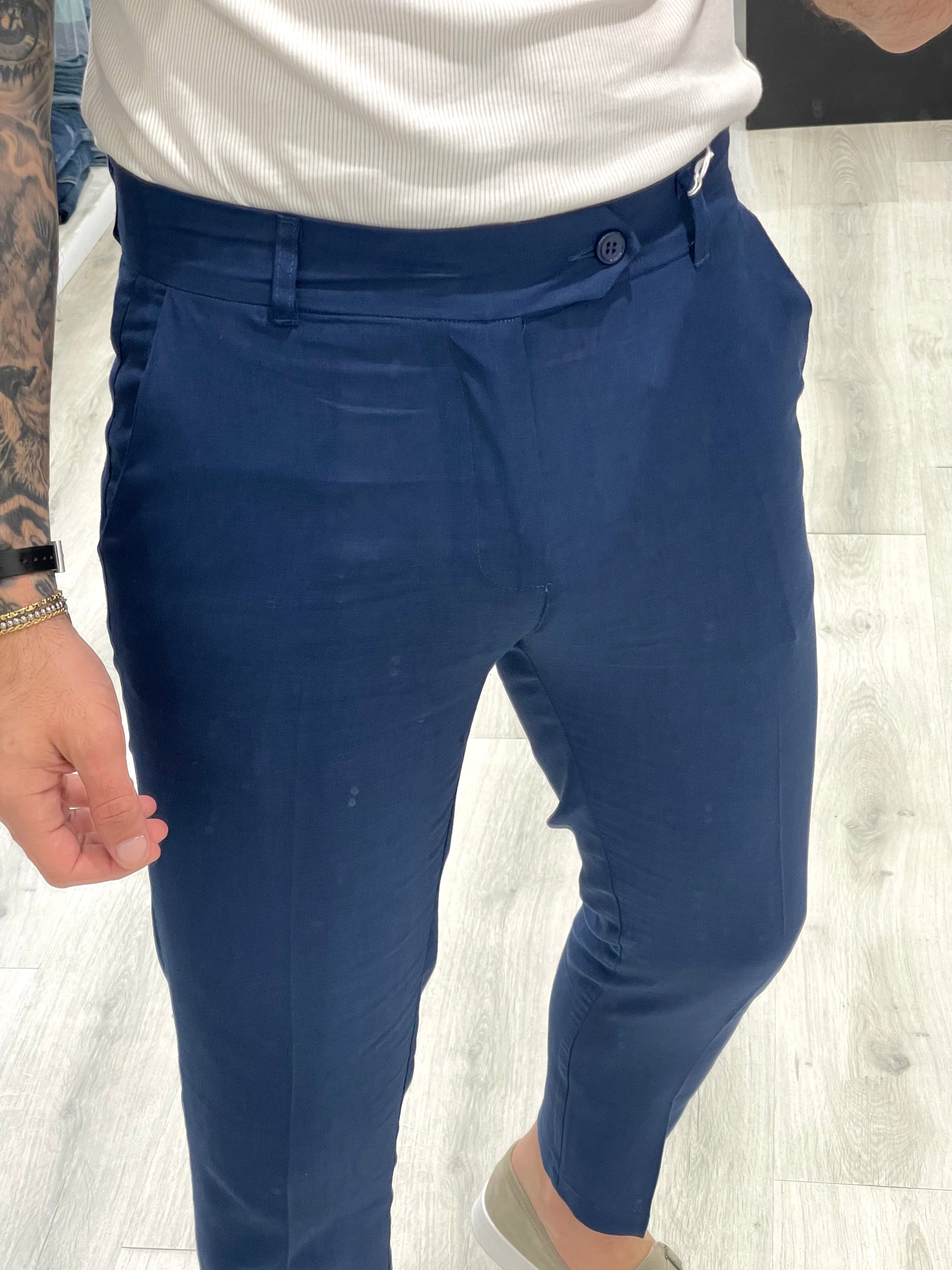 Pantalone fascia 5 cm in 100% Lino Sartoriale- Blu Notte