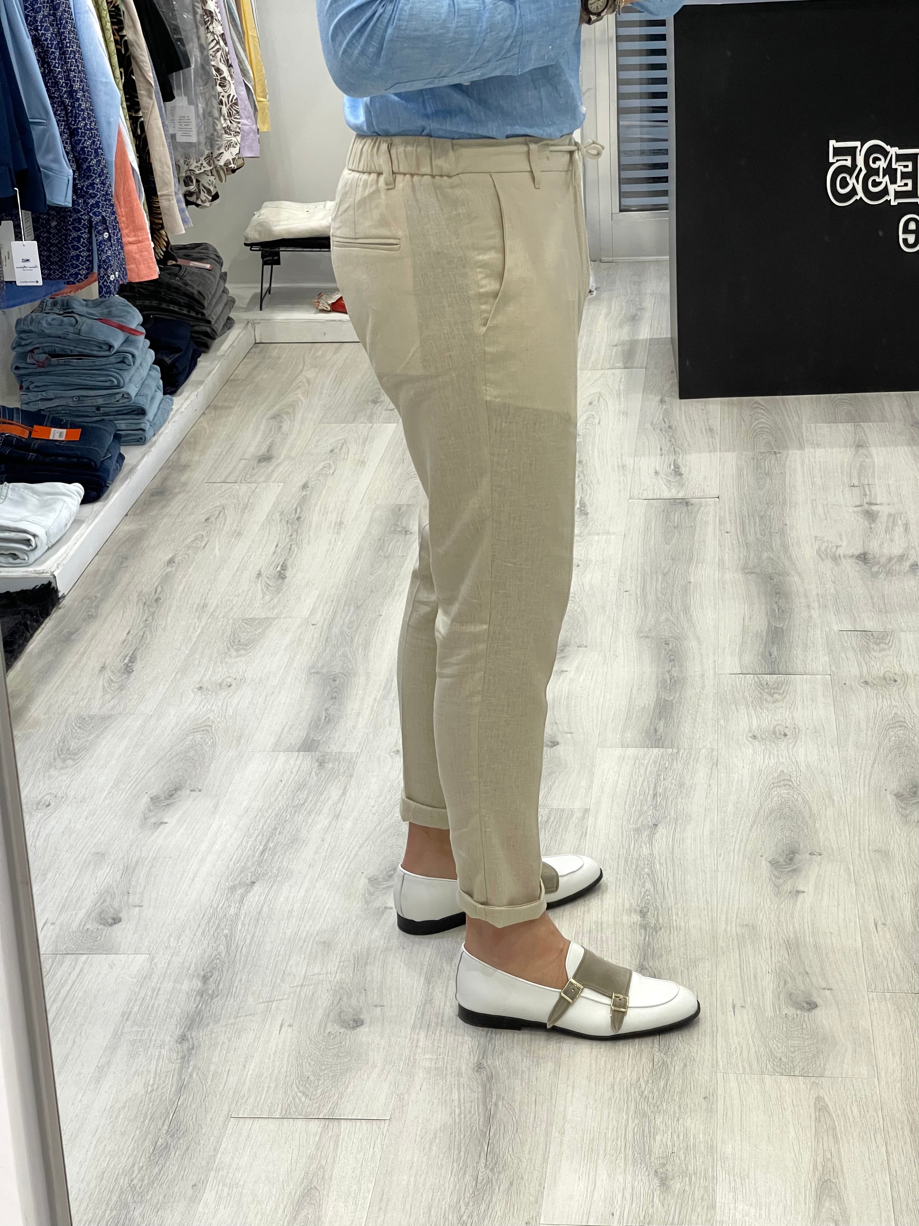 Pantalone 100% Lino con elastico sul retro - BEIGE