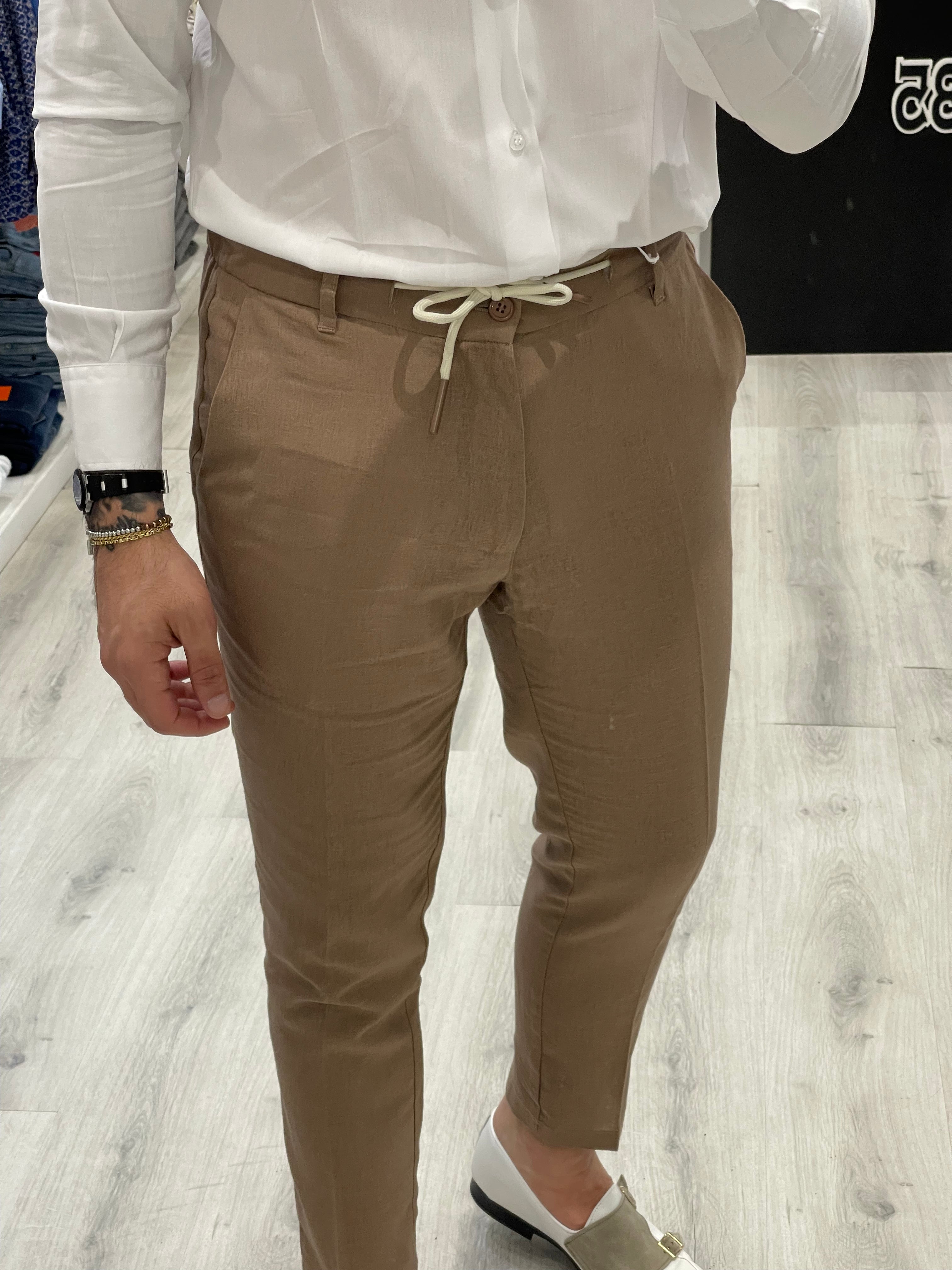 Pantalone 100% Lino con elastico sul retro - Fango