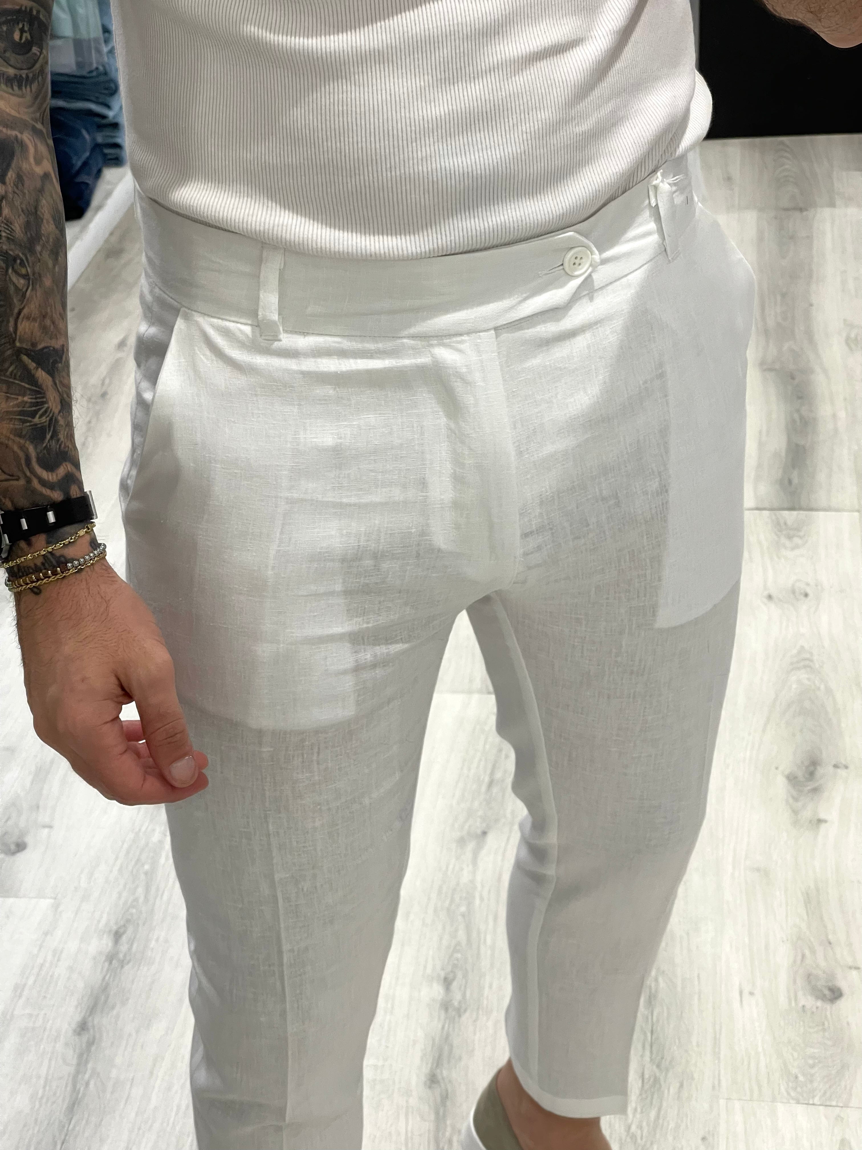 Pantalone in 100% Lino Sartoriale fascia 5 cm - Bianco