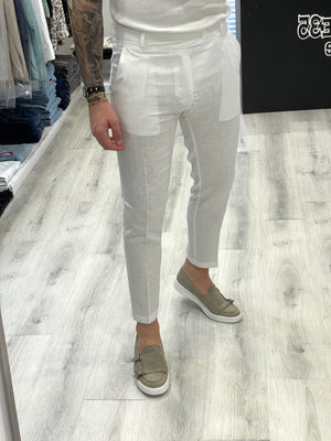 Pantalone in 100% Lino Sartoriale fascia 5 cm - Bianco