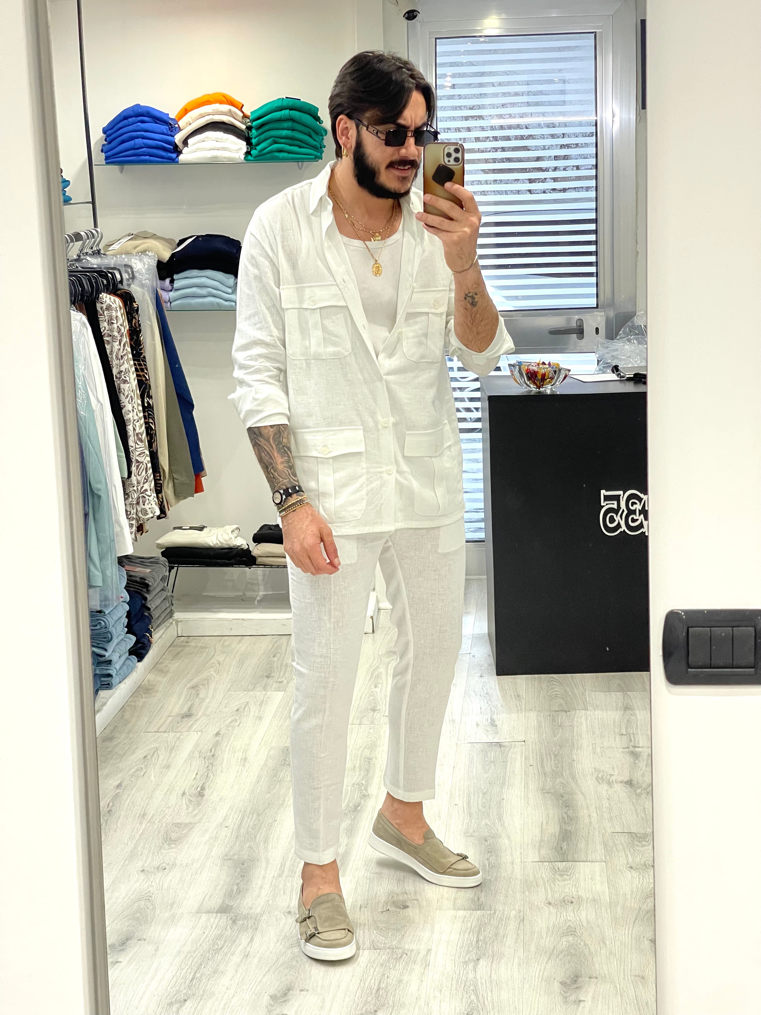 Pantalone in 100% Lino Sartoriale fascia 5 cm - Bianco