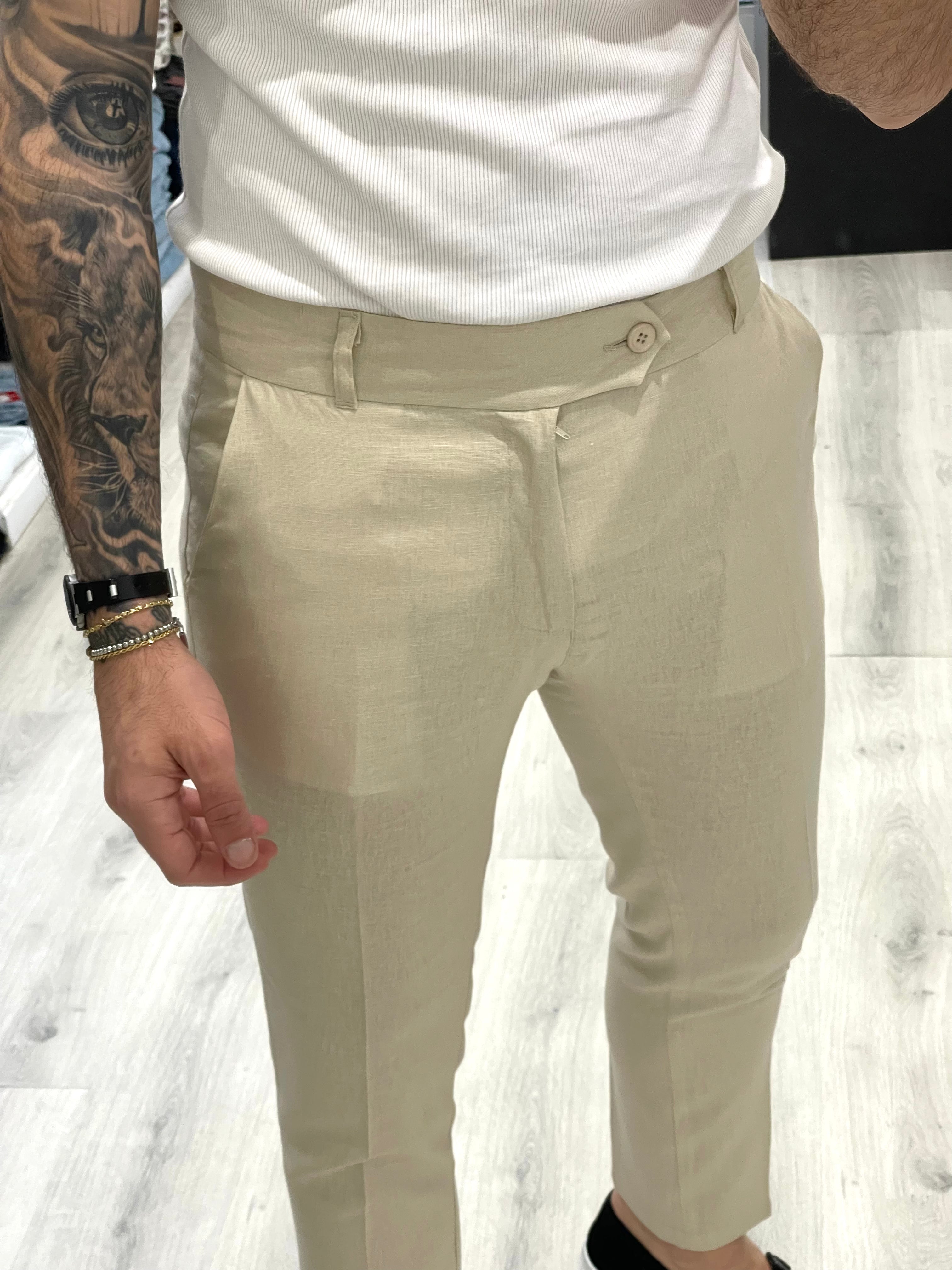 Pantalone fascia 5 cm in 100% Lino Sartoriale- Beige