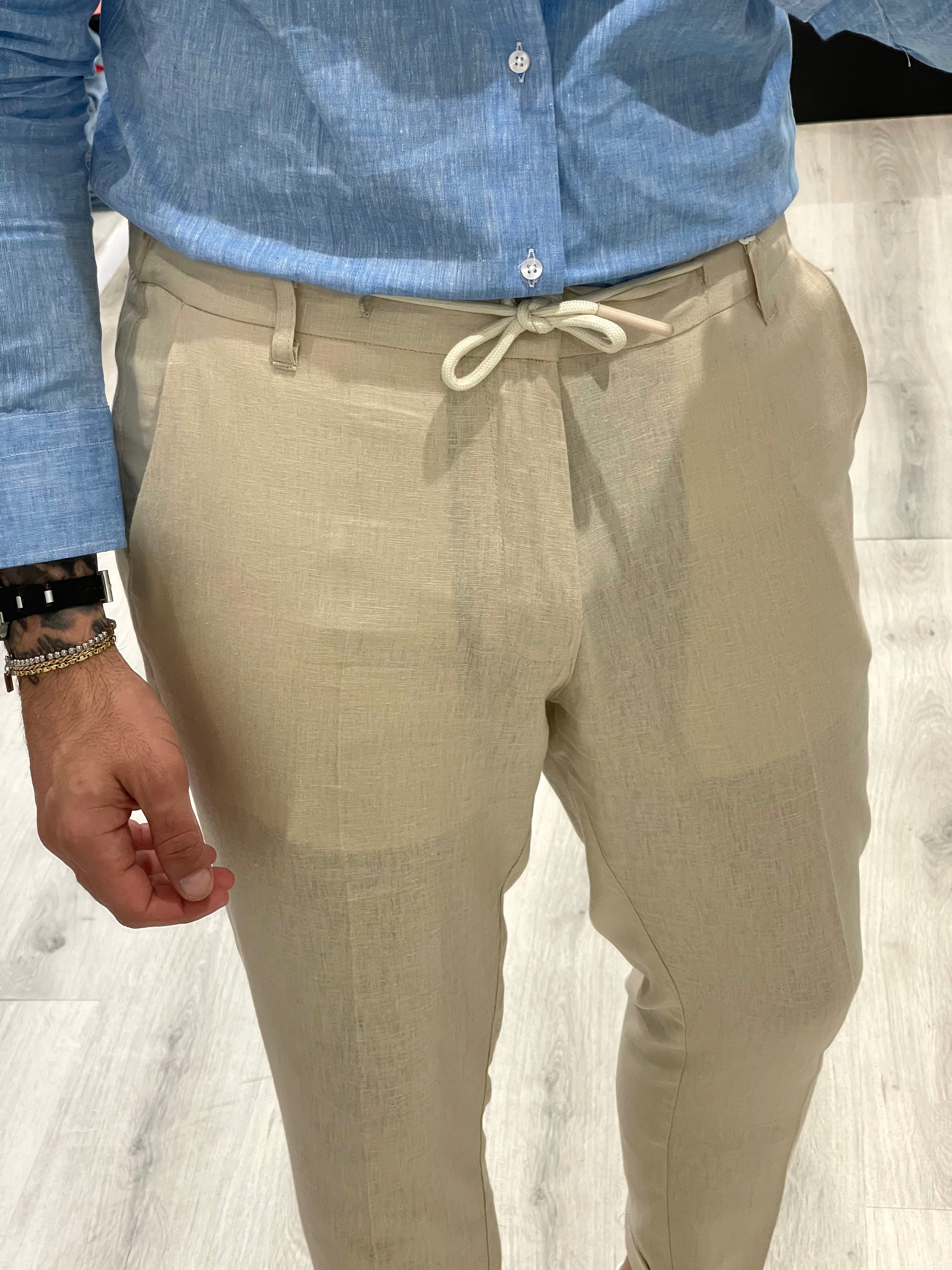 Pantalone 100% Lino con elastico sul retro - BEIGE