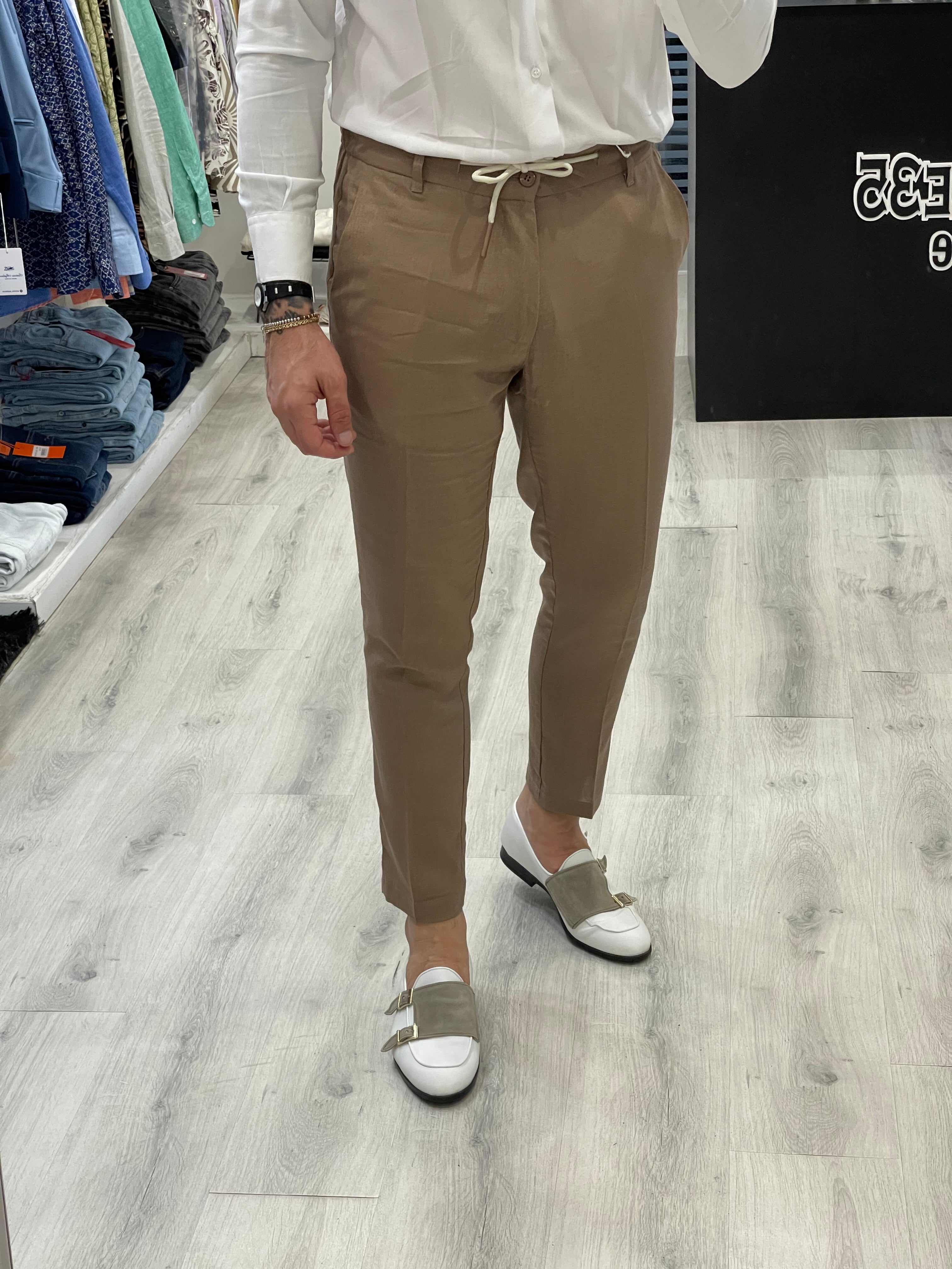 Pantalone 100% Lino con elastico sul retro - Fango