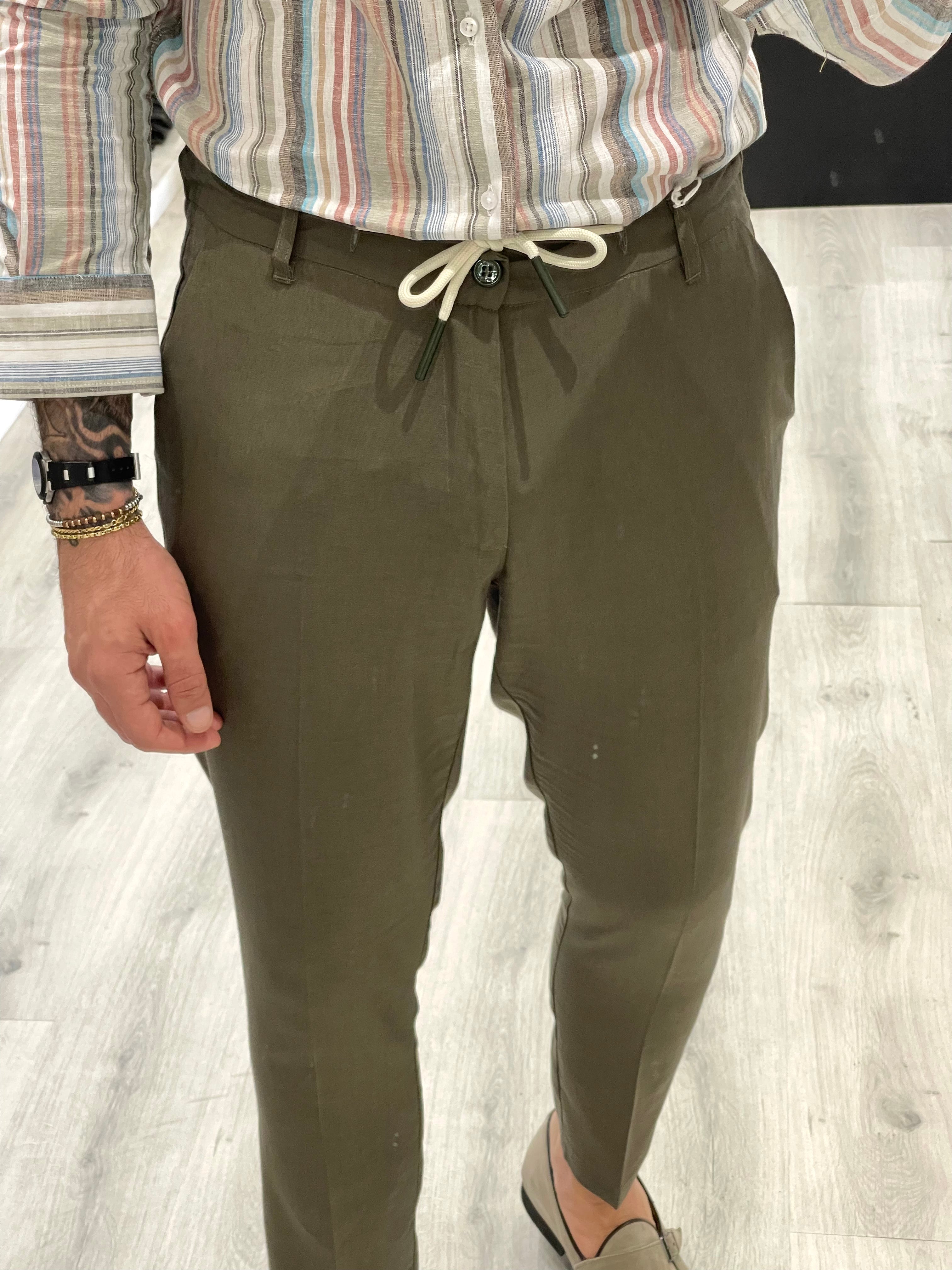 Pantalone 100% Lino con elastico sul retro - VERDE MILITARE