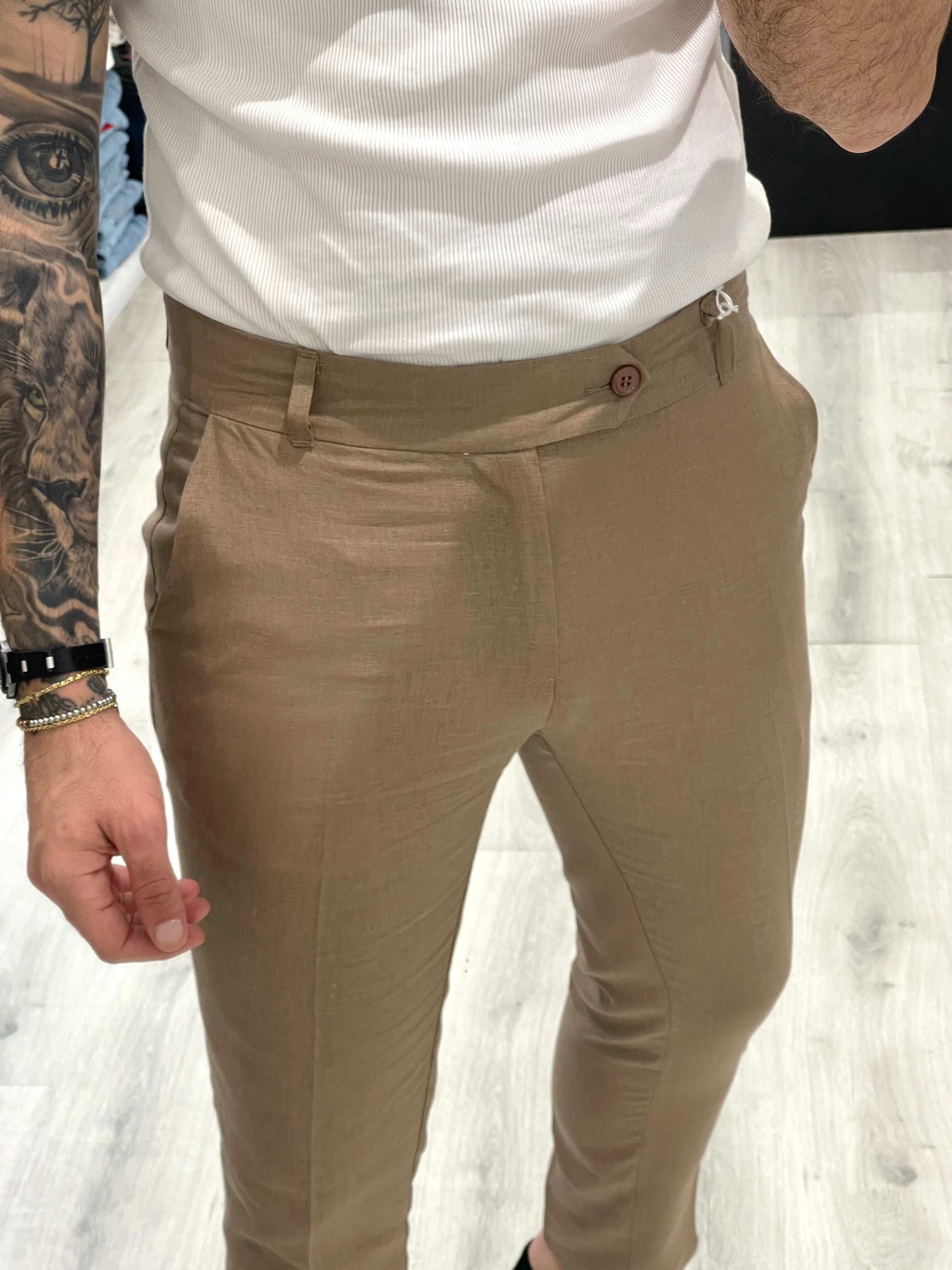 Pantalone fascia 5 cm in 100% Lino Sartoriale - Fango