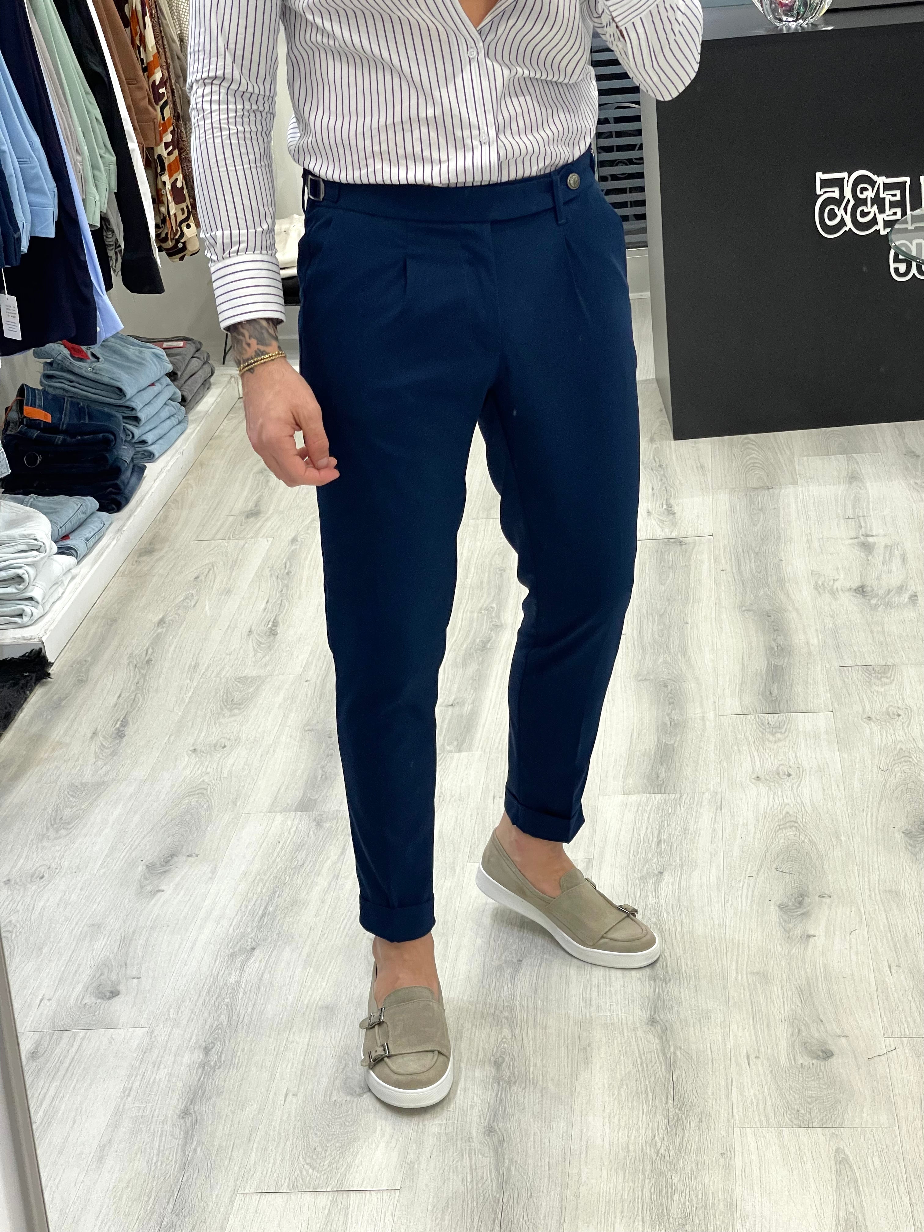 Pantalone sartoriale BLU NOTTE con doppia fibbia e bottone a tono