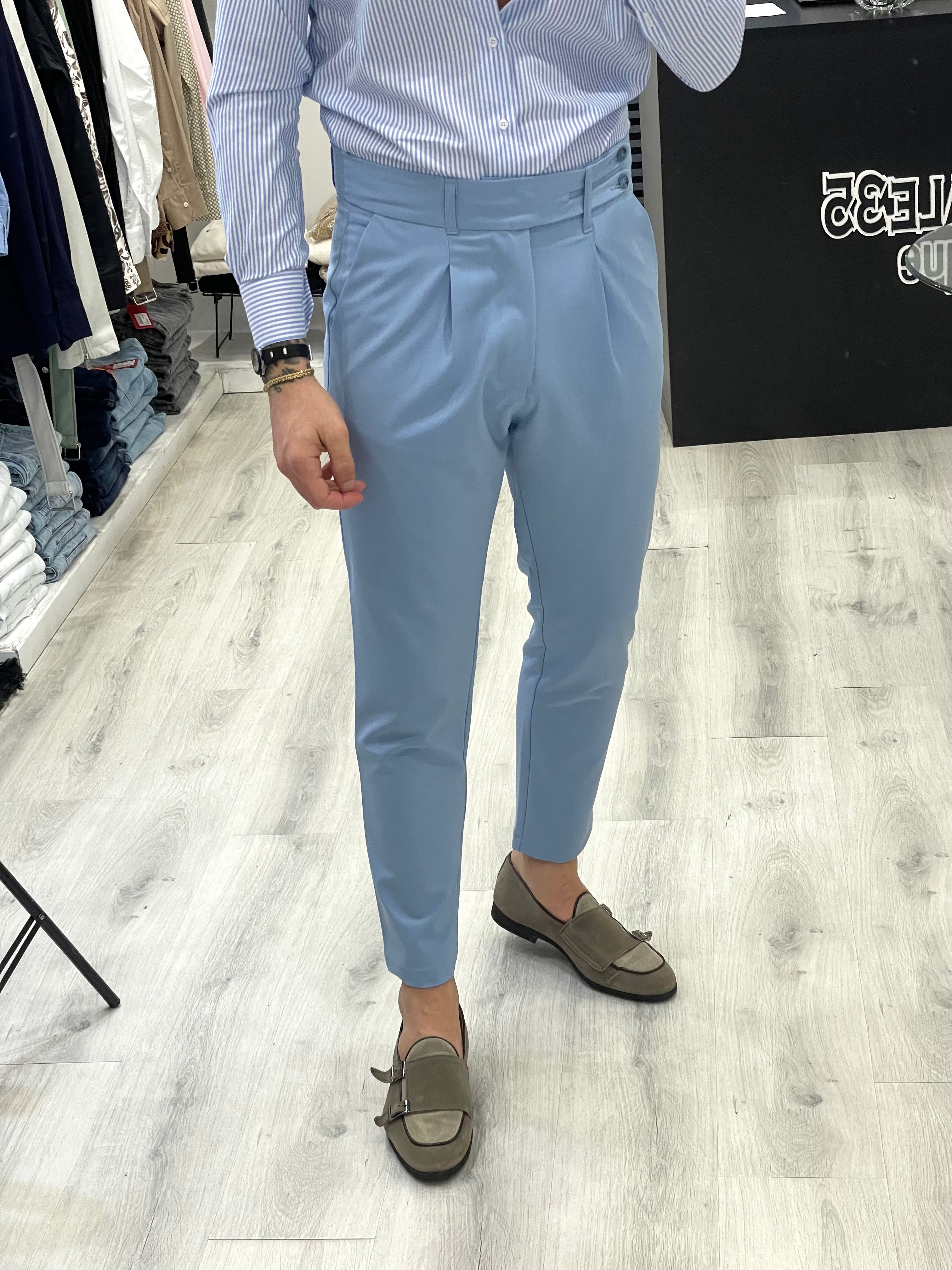 Pantalone sartoriale vita alta  BIFORCATO - Celeste