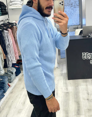 Maglione in mistolana con cappuccio - Celeste