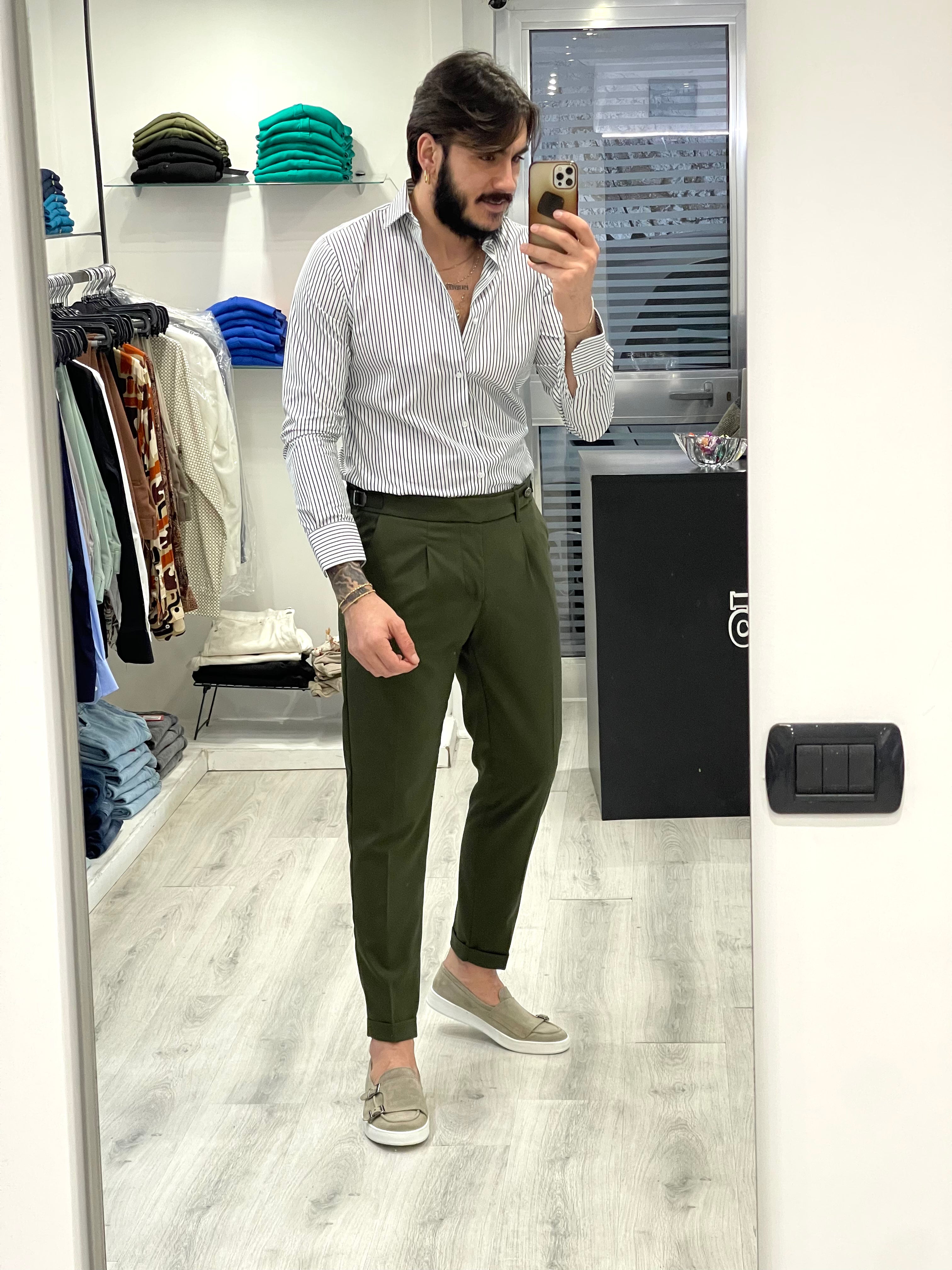 Pantalone sartoriale Militare ( verde ) con doppia fibbia e bottone a tono