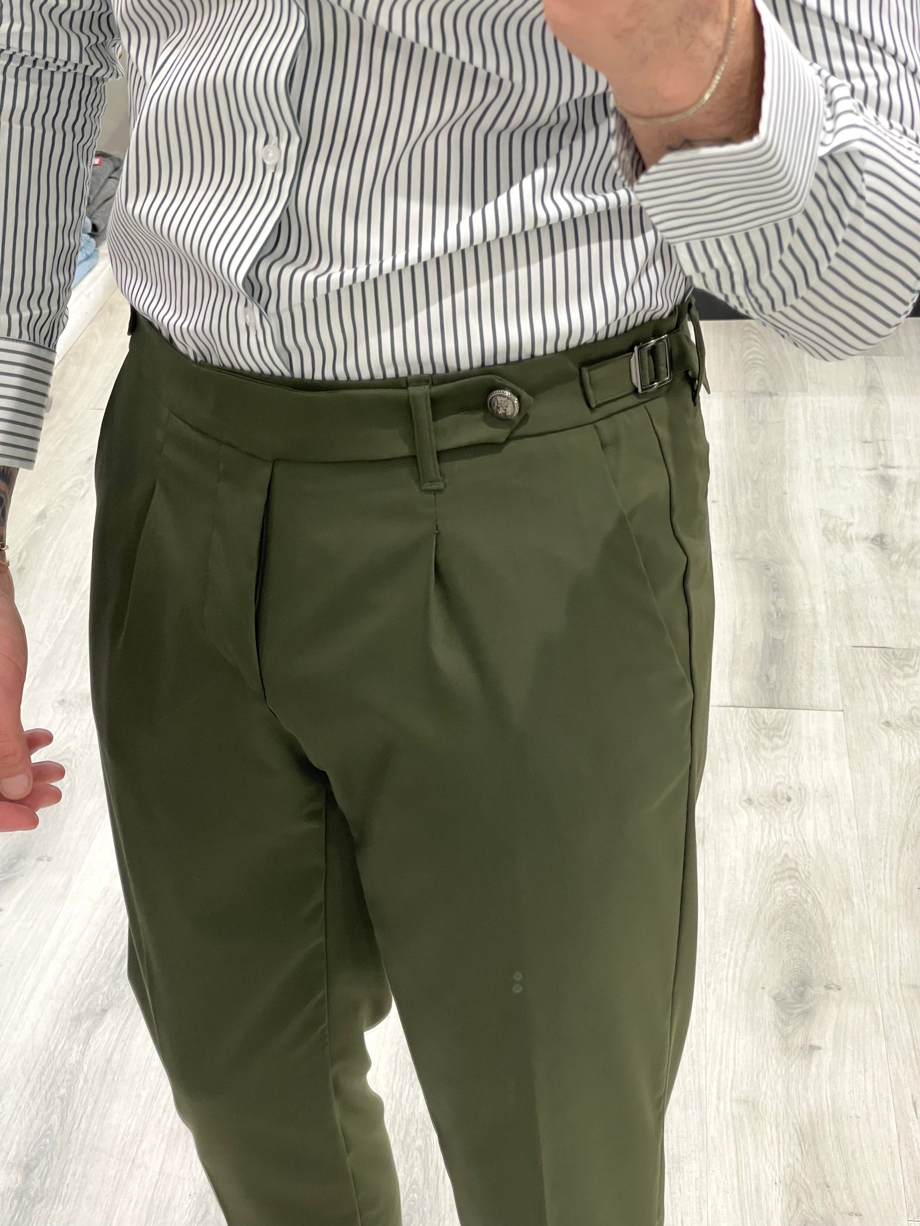 Pantalone sartoriale Militare ( verde ) con doppia fibbia e bottone a tono