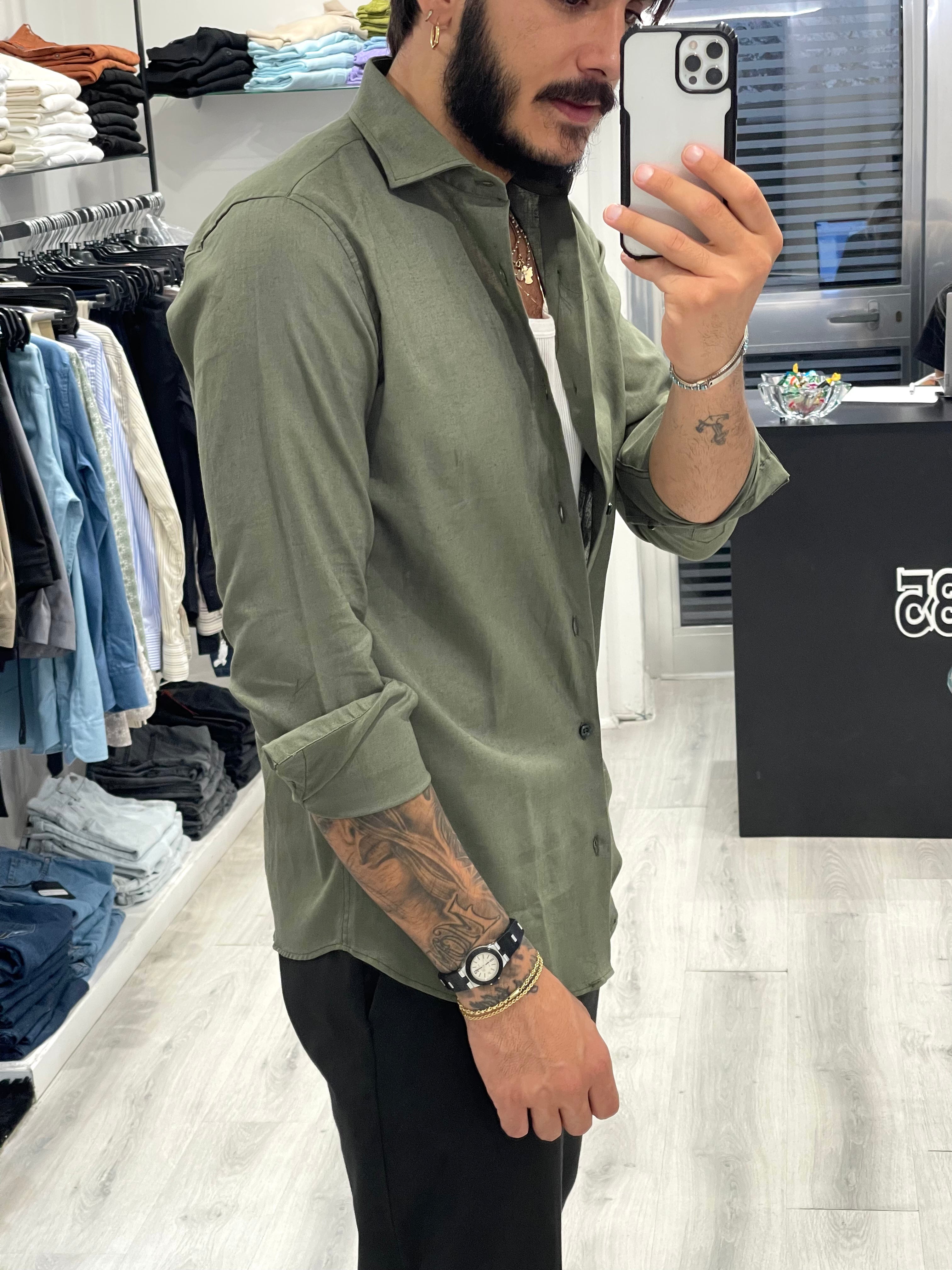 Camicia Sartoriale in lino Verde Militare