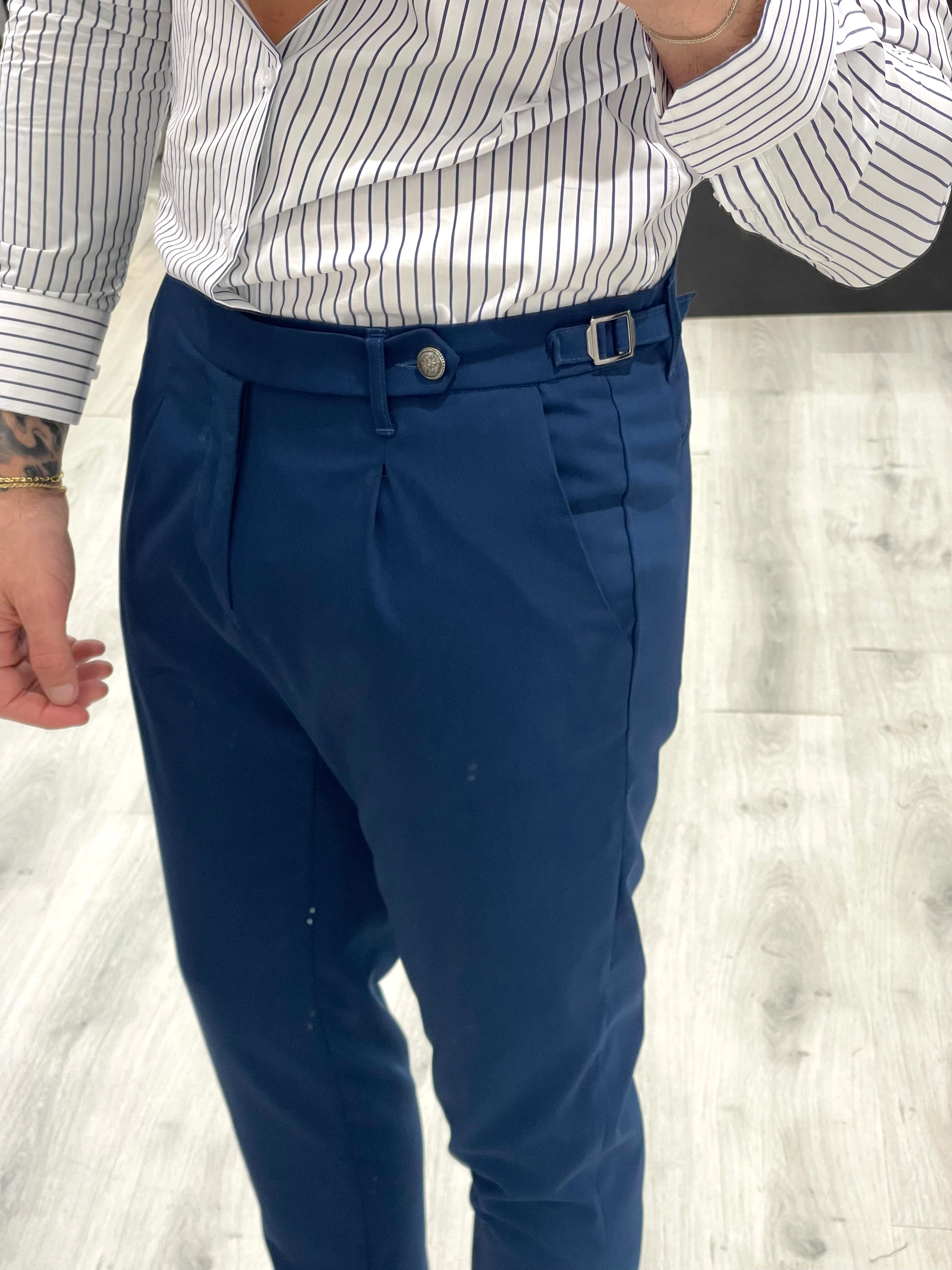 Pantalone sartoriale BLU NOTTE con doppia fibbia e bottone a tono