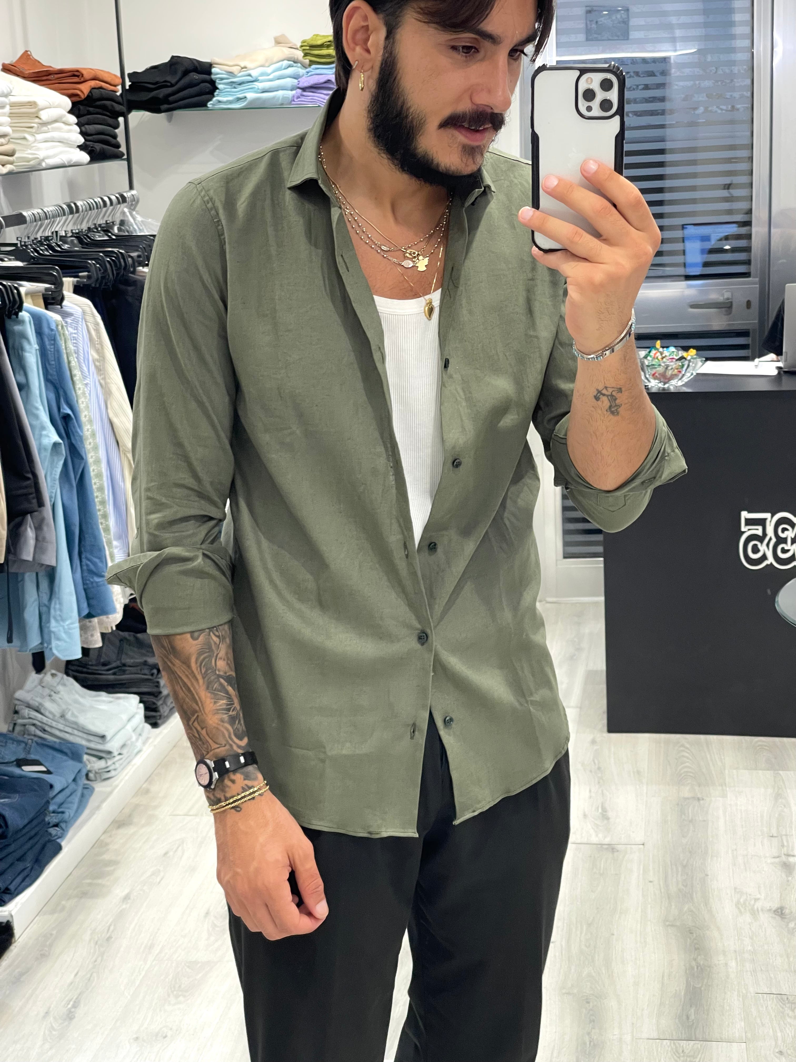 Camicia Sartoriale in lino Verde Militare