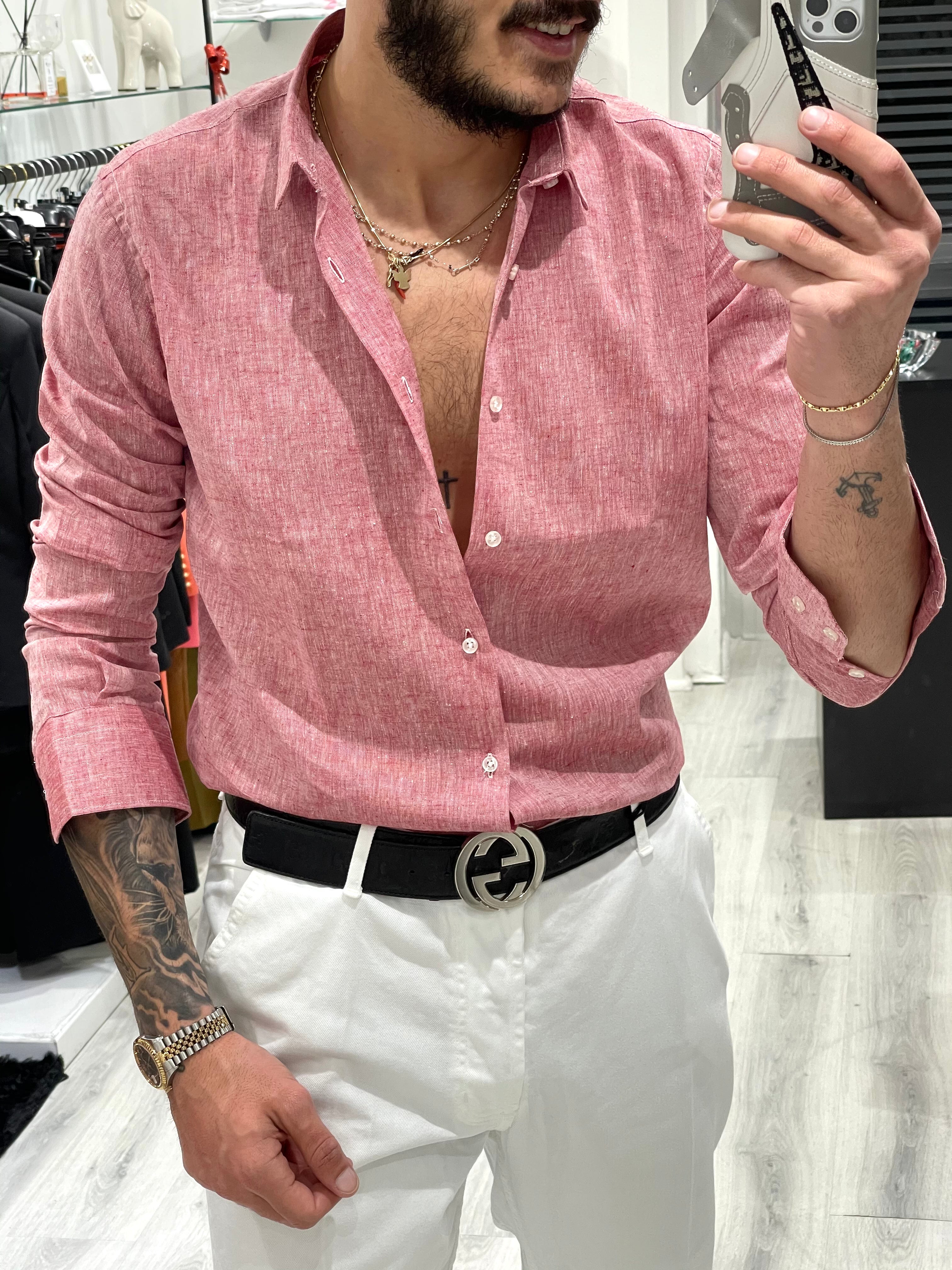 Camicia SARTORIALE in 100% LINO- CORALLO