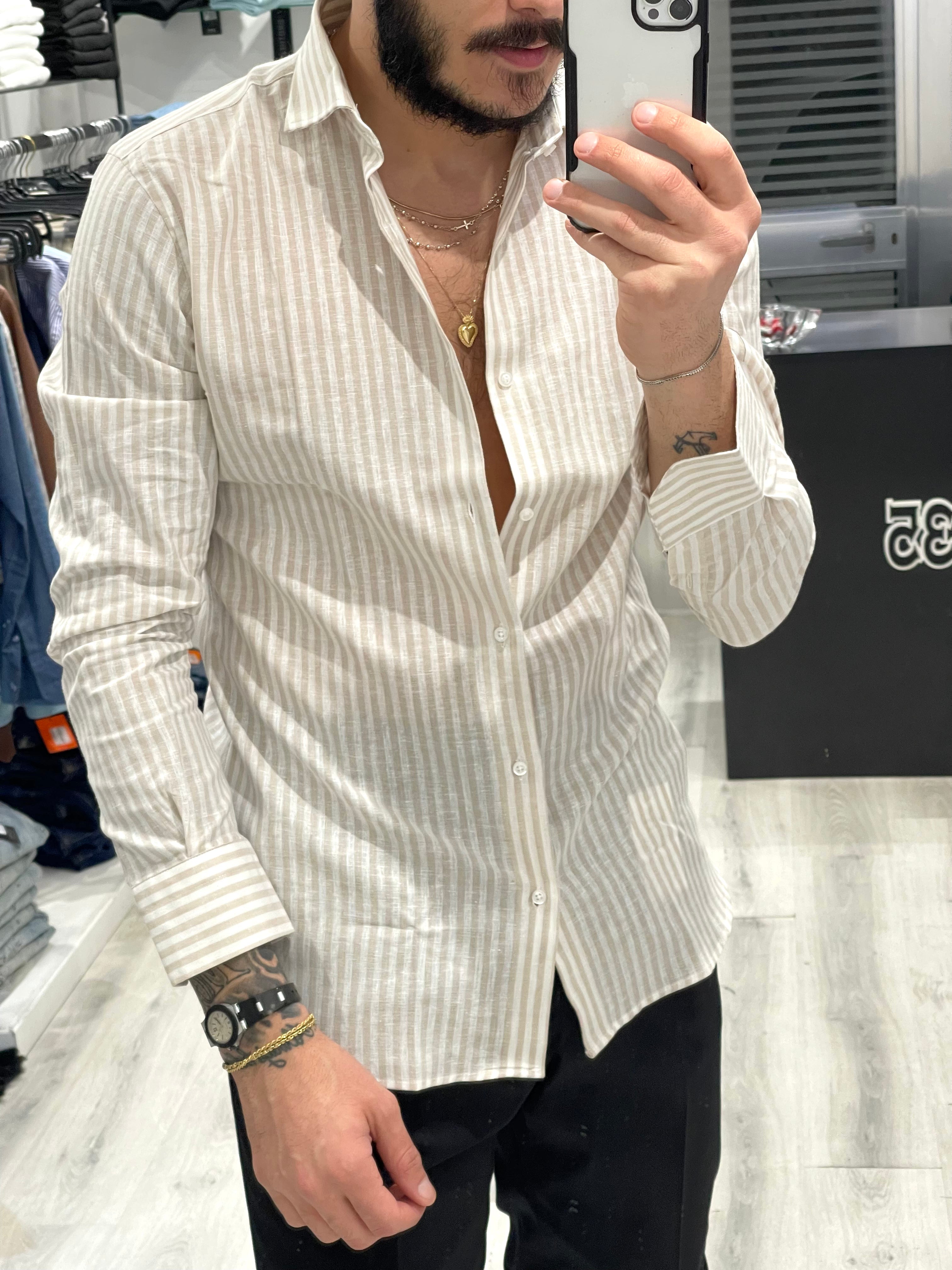 Camicia SARTORIALE in 100% Lino - rigato Beige