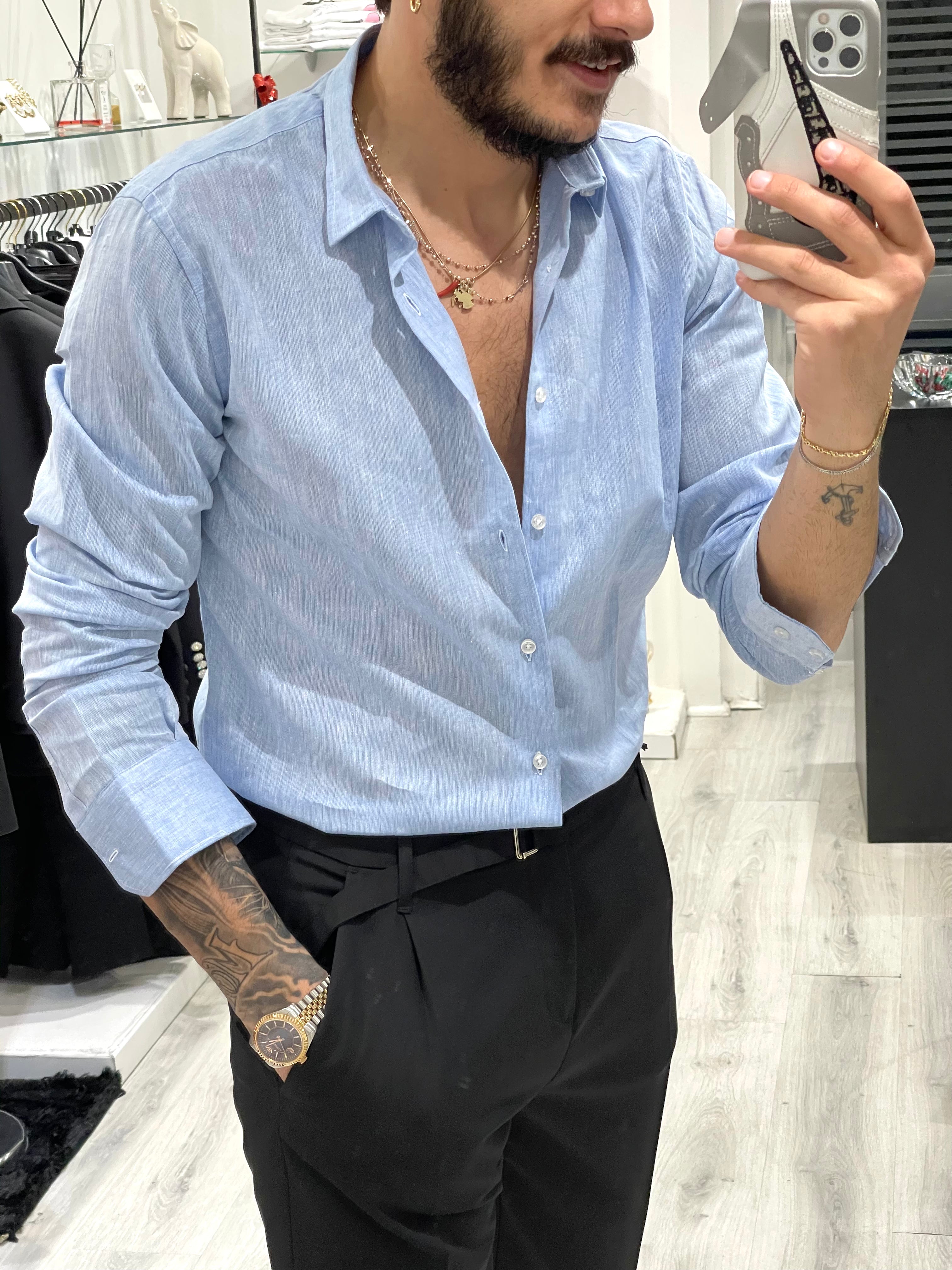 Camicia SARTORIALE in 100% Lino - Celeste chiaro